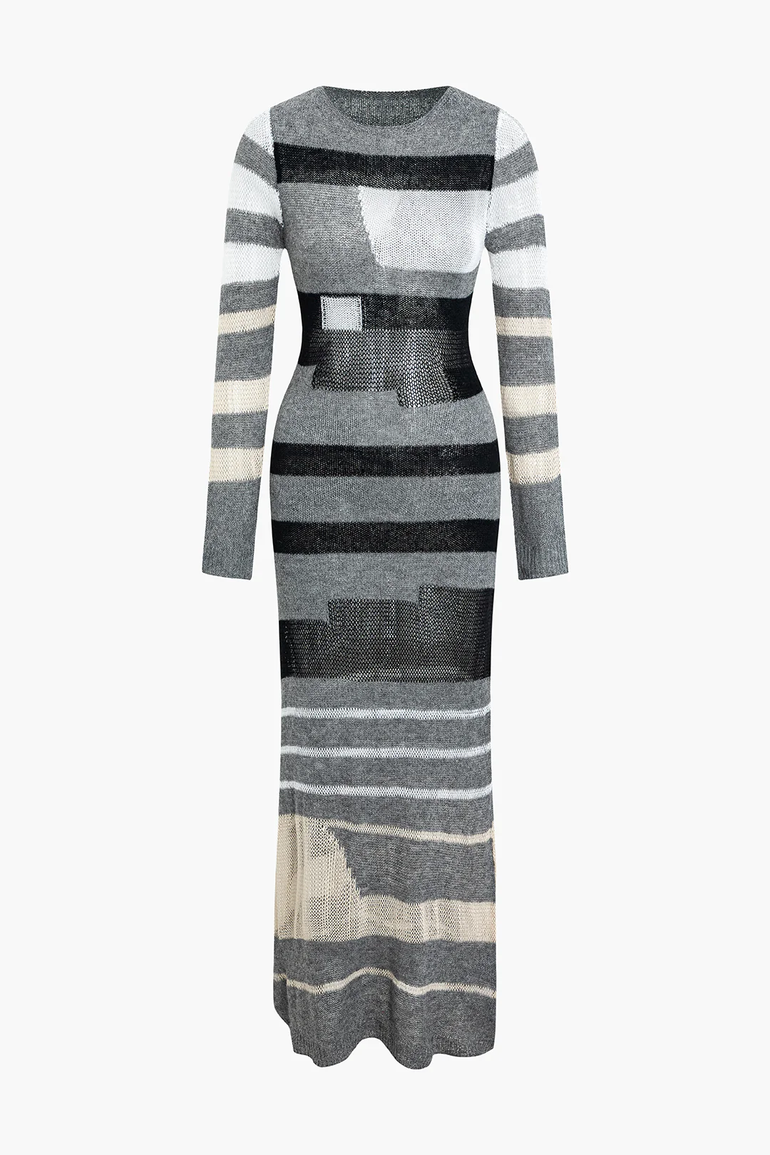 Open Knit Contrast Round Neck Long Sleeve Maxi Dress - Image 4
