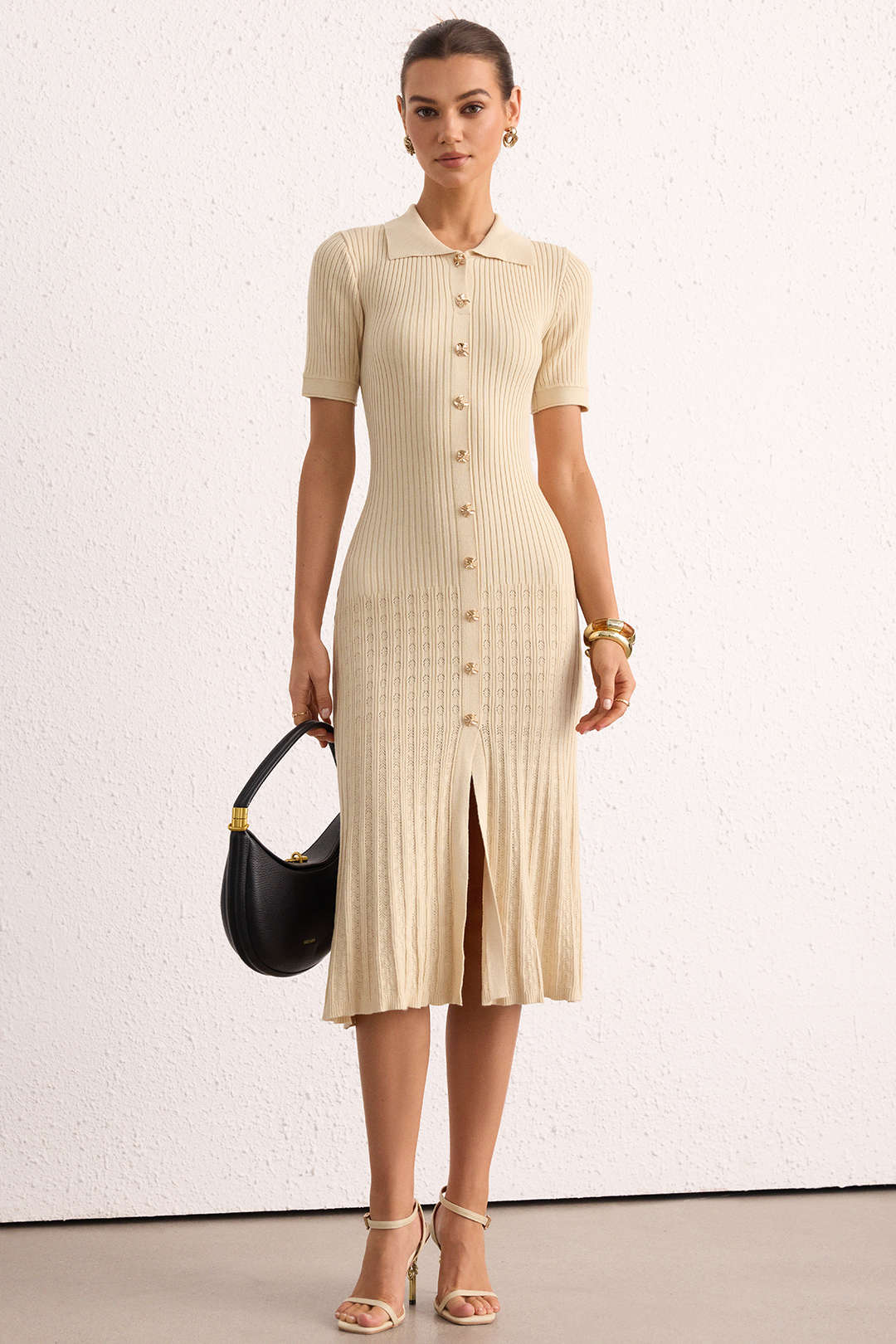Knit Metallic Button Short Sleeve Midi Dress