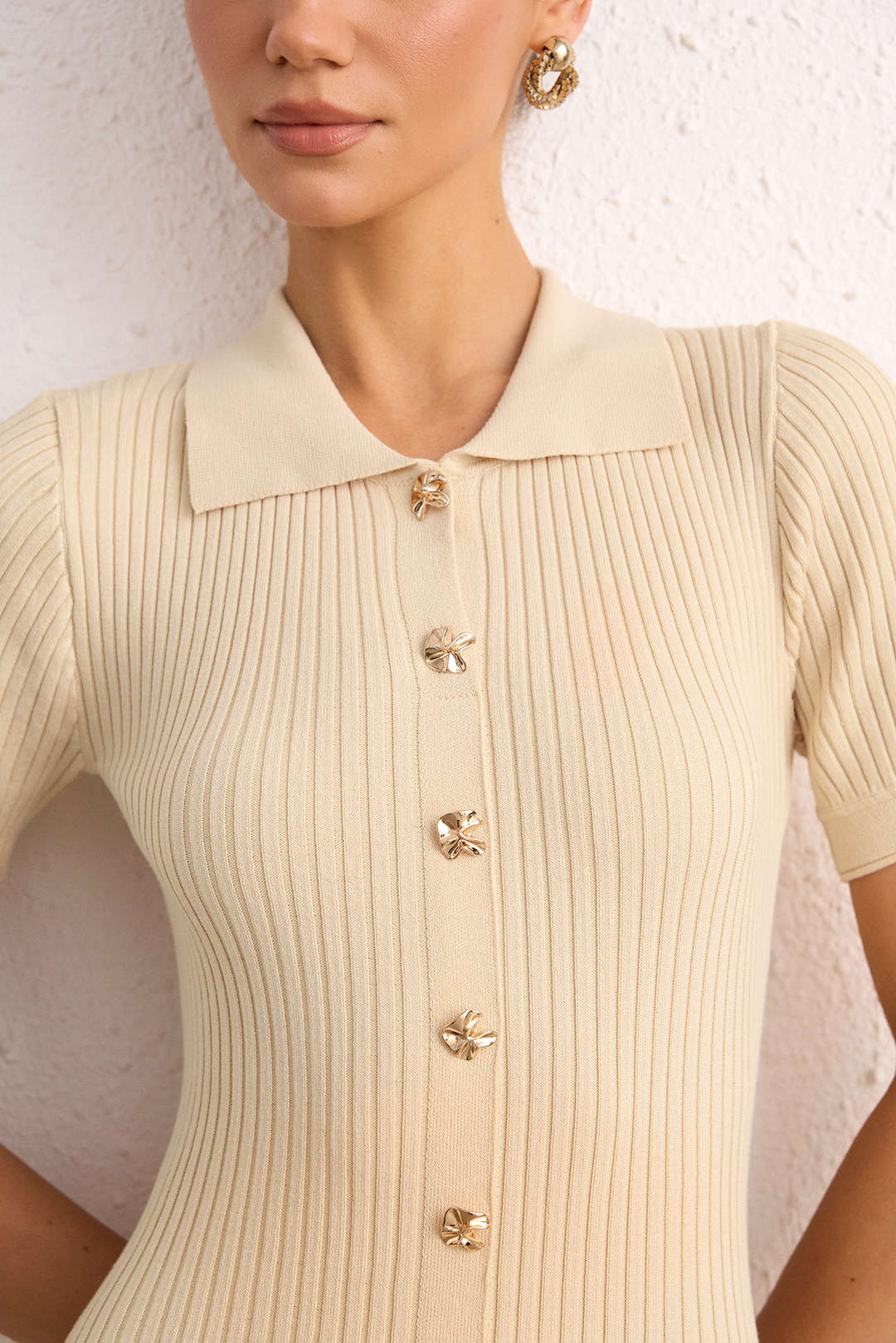 Knit Metallic Button Short Sleeve Midi Dress - Image 4