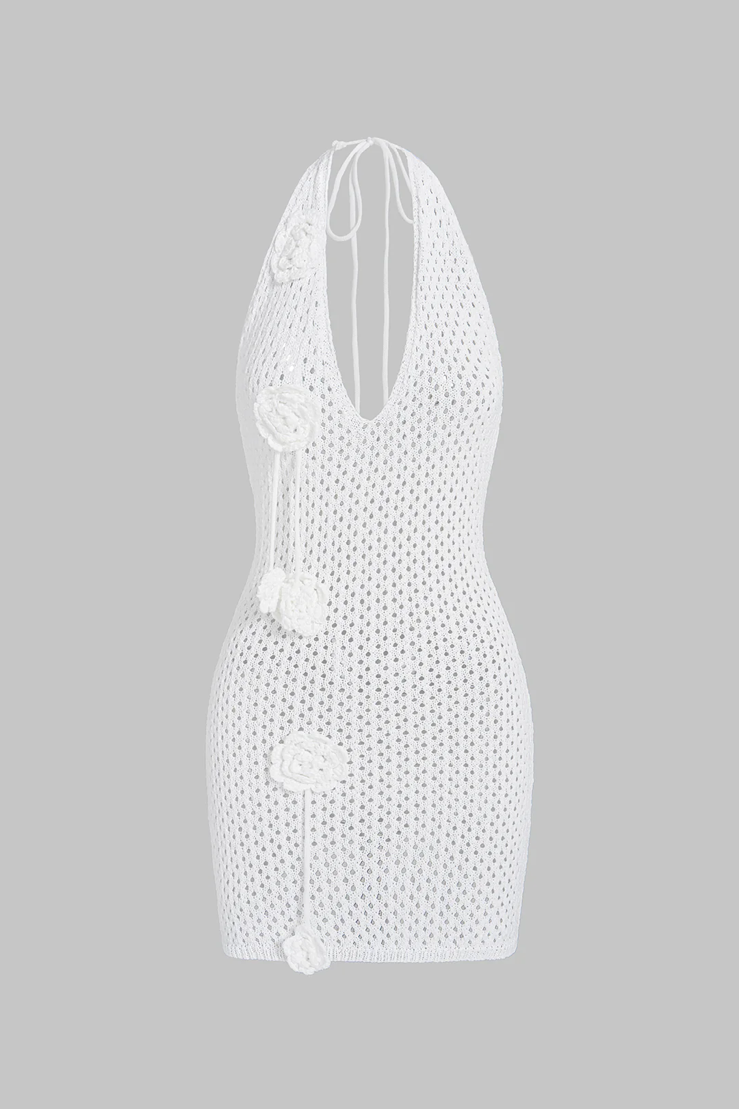 Open Knit Halter V-Neck Hollow Out Flower Sleeveless Mini Dress