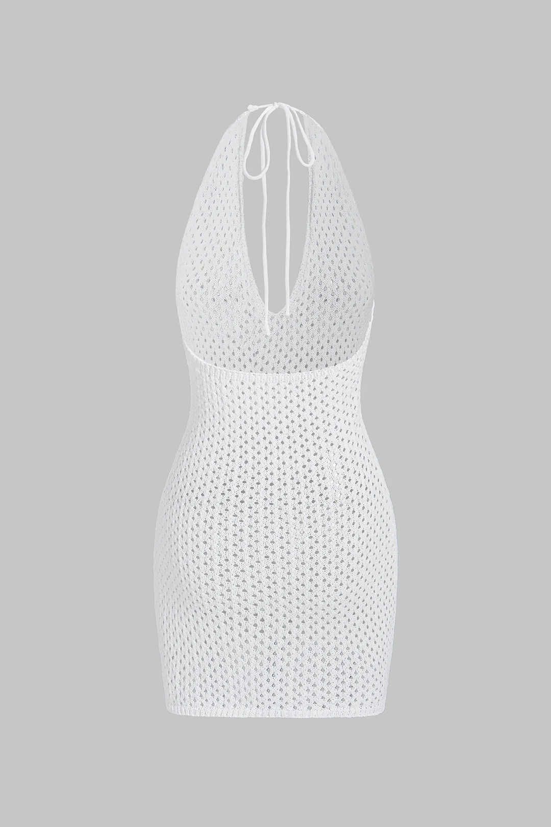 Open Knit Halter V-Neck Hollow Out Flower Sleeveless Mini Dress - Image 2