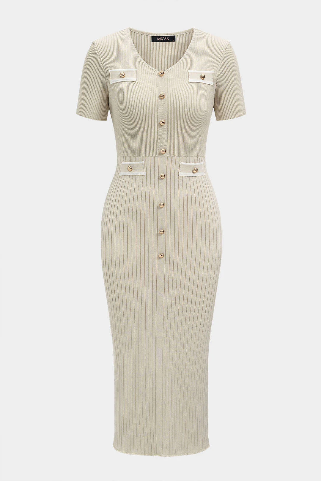 Knit Color Block Print V-Neck Button Short Sleeve Midi Dress