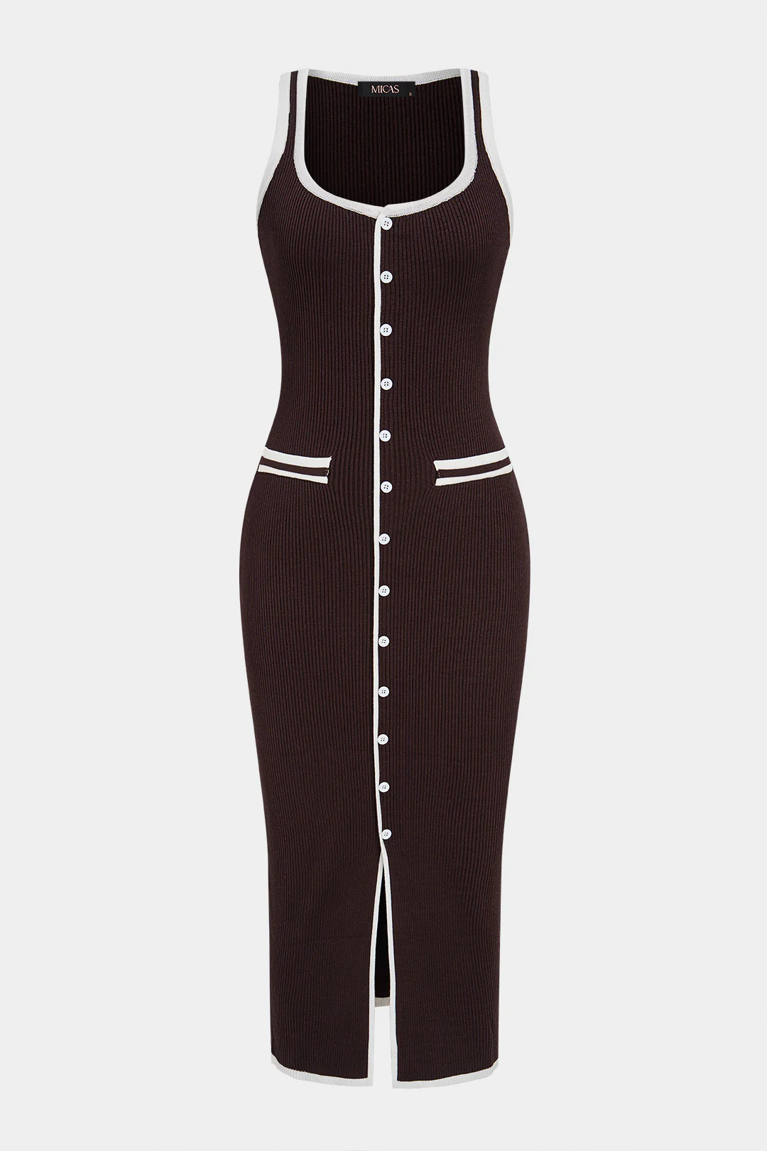 Knit Contrast Binding Button Sleeveless Maxi Dress