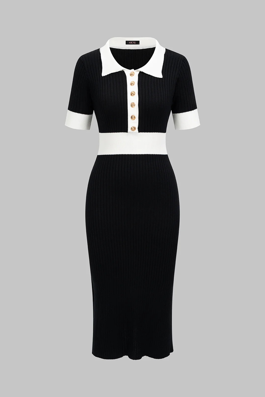 Knit Contrast Polo Collar Button Short Sleeve Midi Dress
