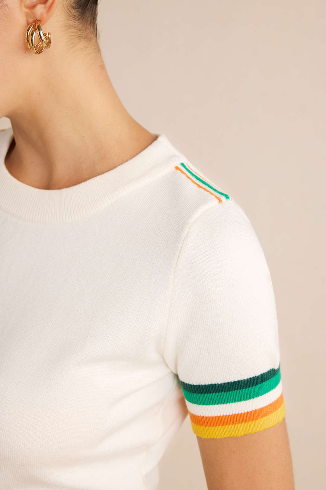 Knit Stripes Print Round Neck Short Sleeve Top - Image 7