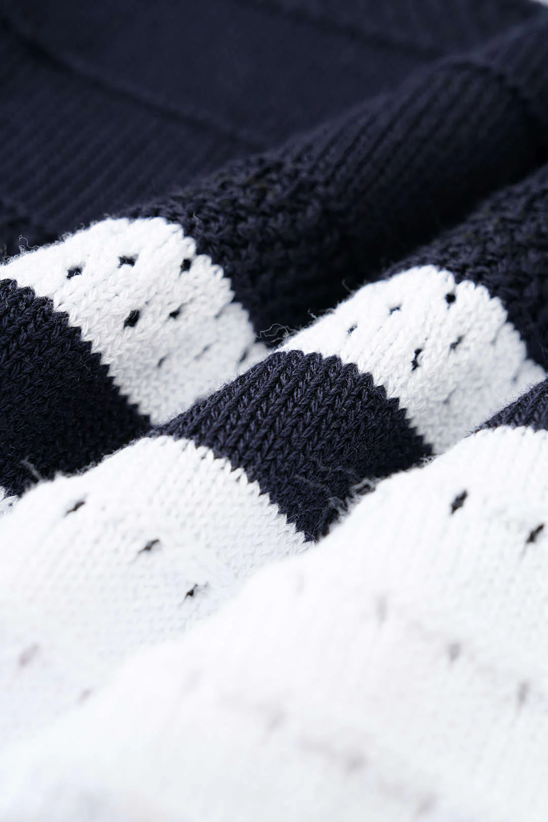 Open Knit Contrast Striped Round Neck Short Sleeve Top - Image 3