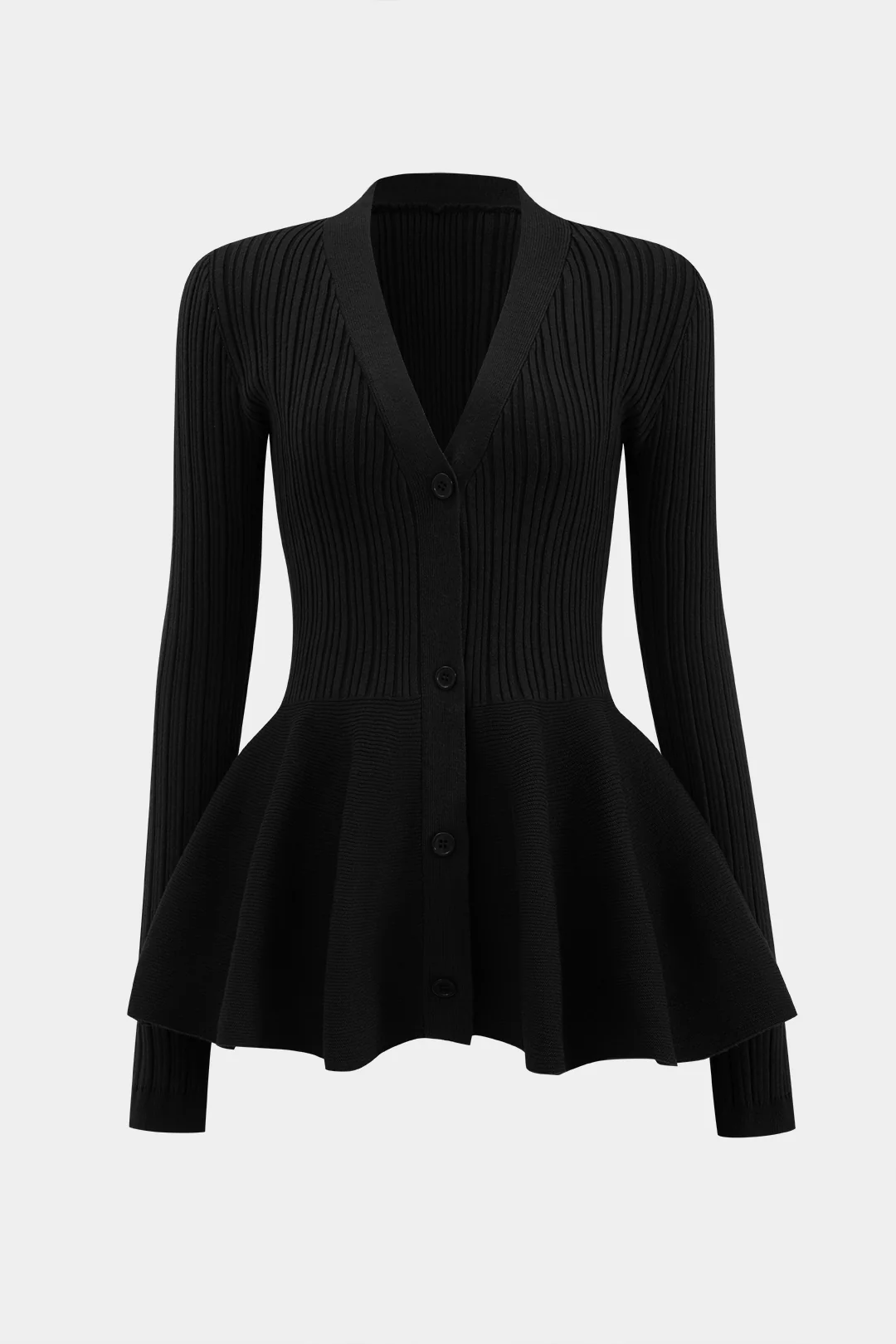 Solid V-Neck Puff Hem Sweater Cardigan - Image 7