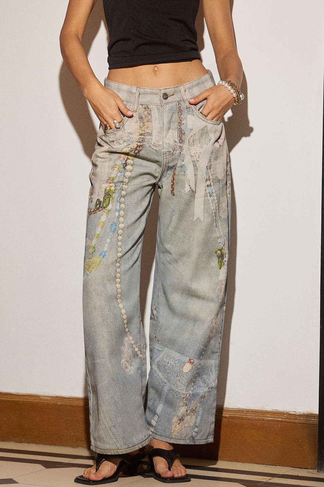Denim Abstract Print Low Waist Wide Leg Pants - Image 4