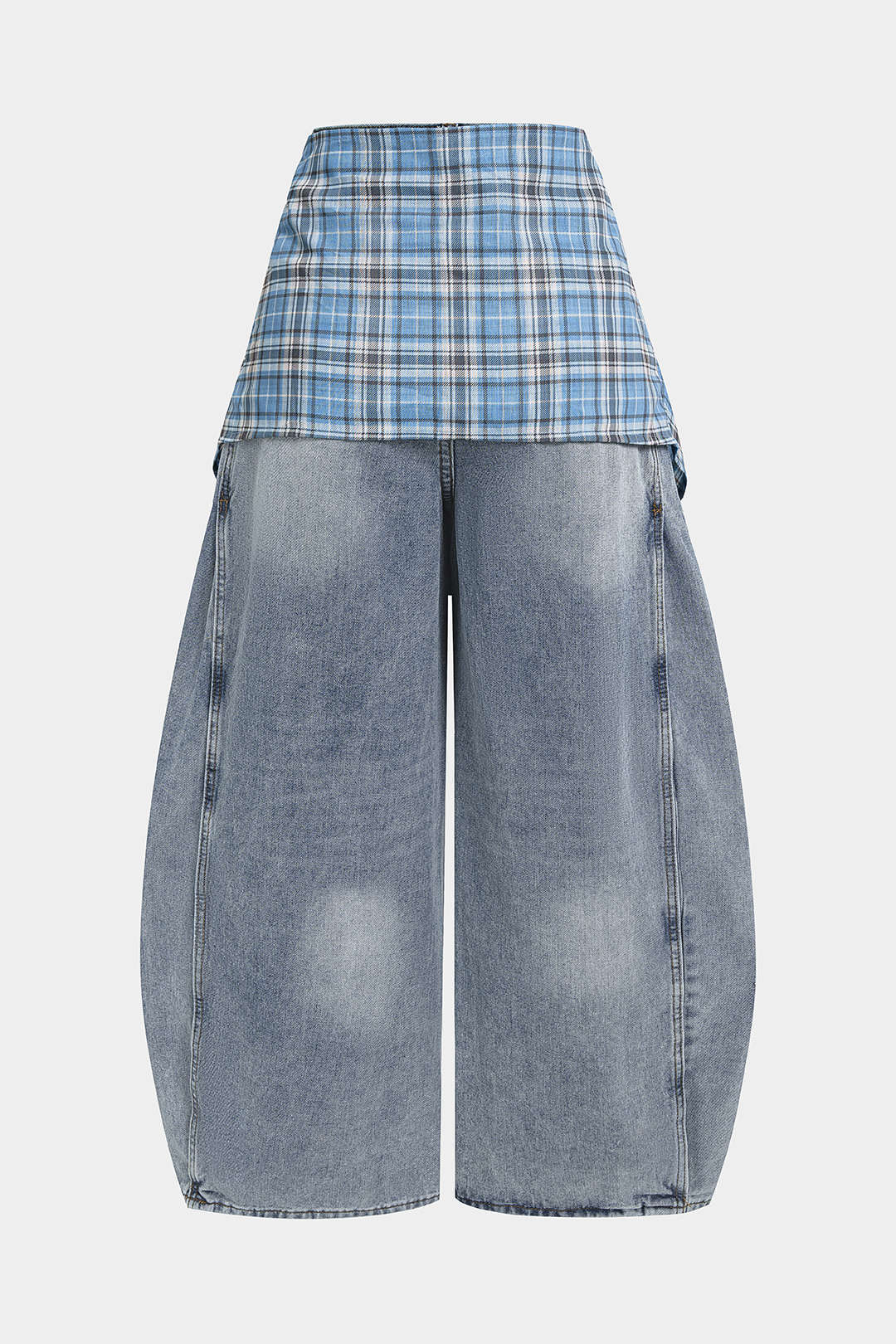 Denim Plaid Print Tie-Up Pocket High Waist Jeans - Image 2