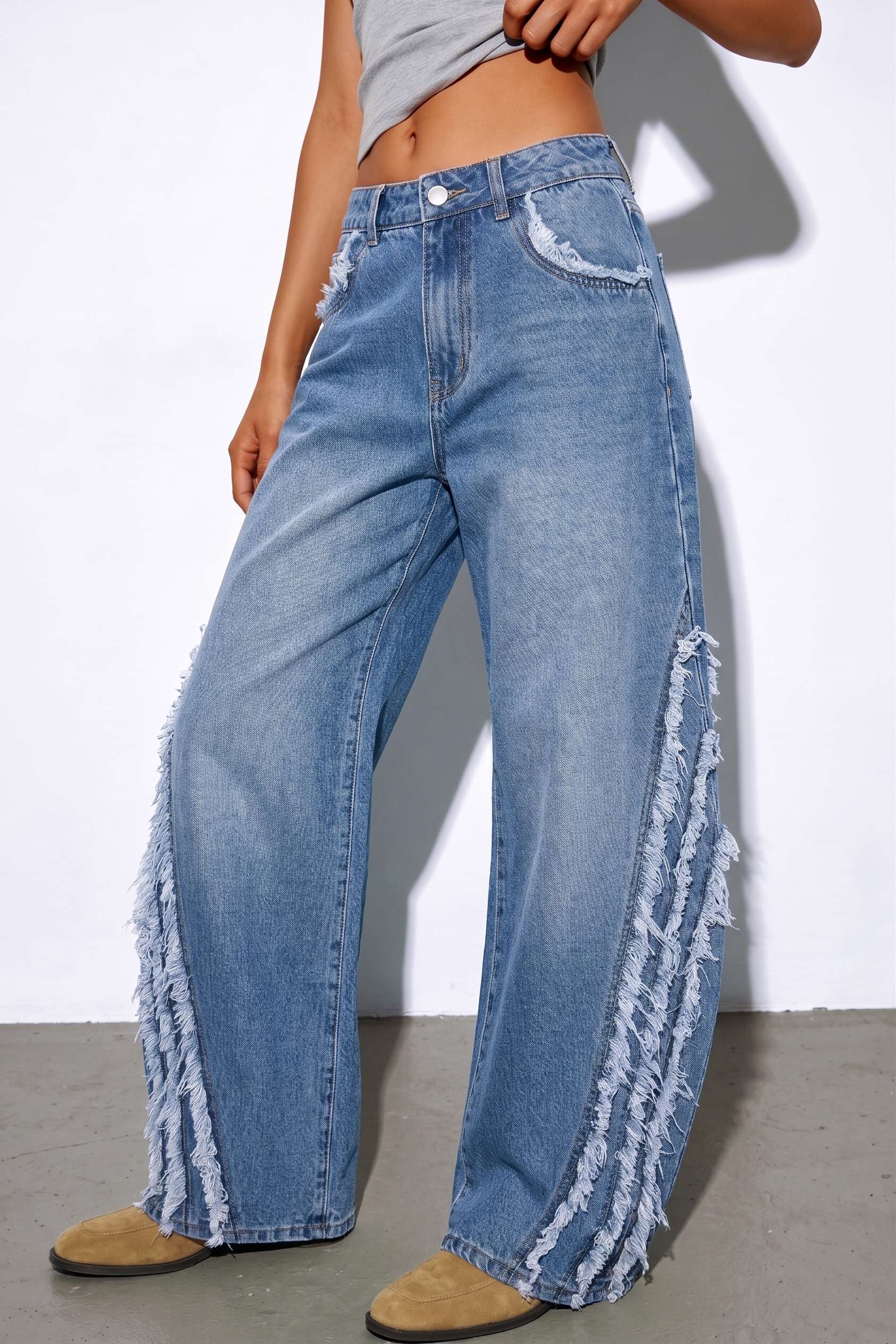 Denim Frayed Wide Leg Jeans - Image 9