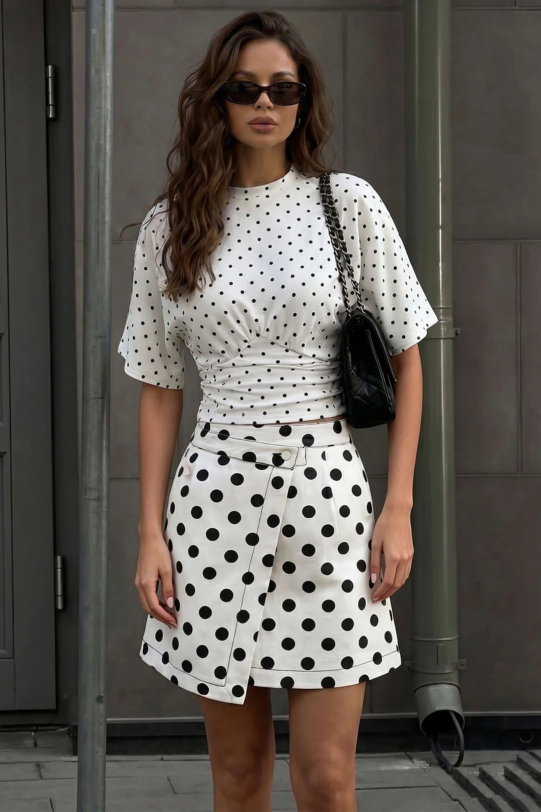 Polka Dots Print Asymmetrical High Waist Skirt - Image 2