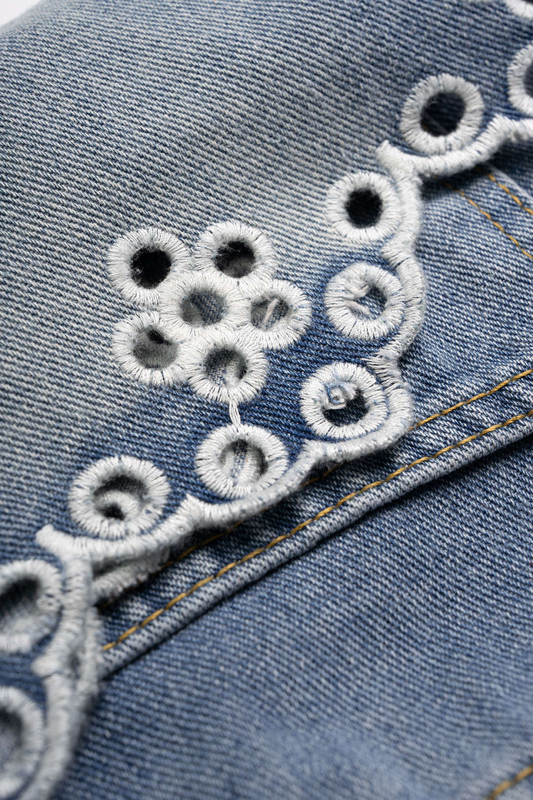 Denim Embroidery Hollow Out Wide Leg Shorts - Image 3