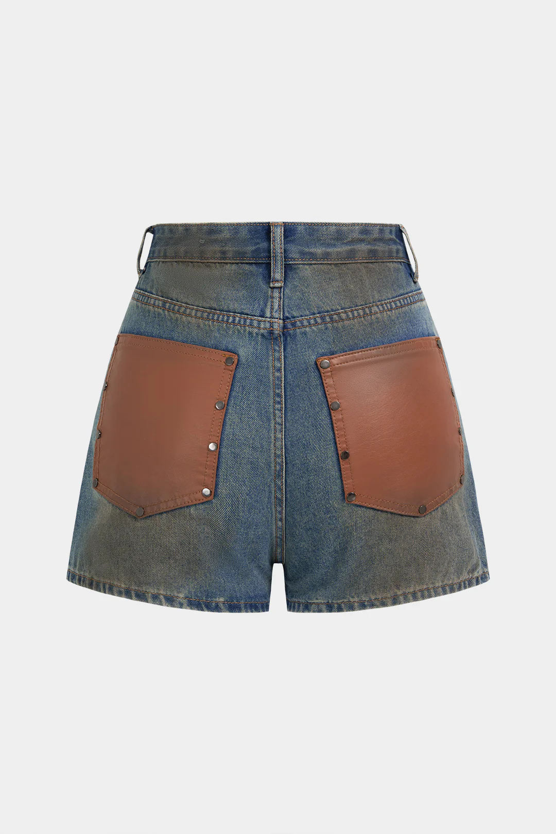 Denim Patchwork Faux Leather Pocket Wide Leg Shorts - Image 2