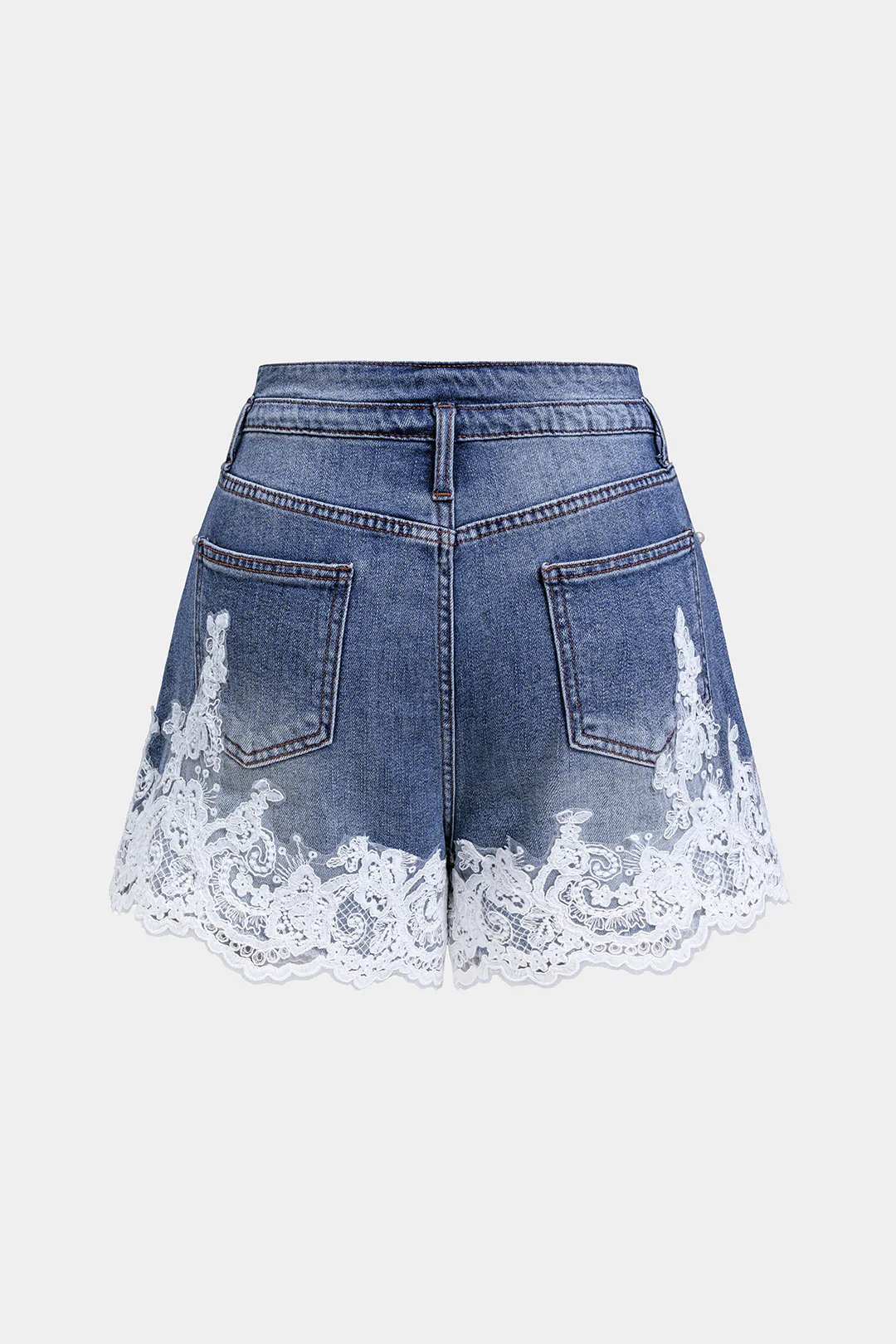 Denim Patchwork Lace Rhinestone Pearls Wide Leg Shorts - Image 2