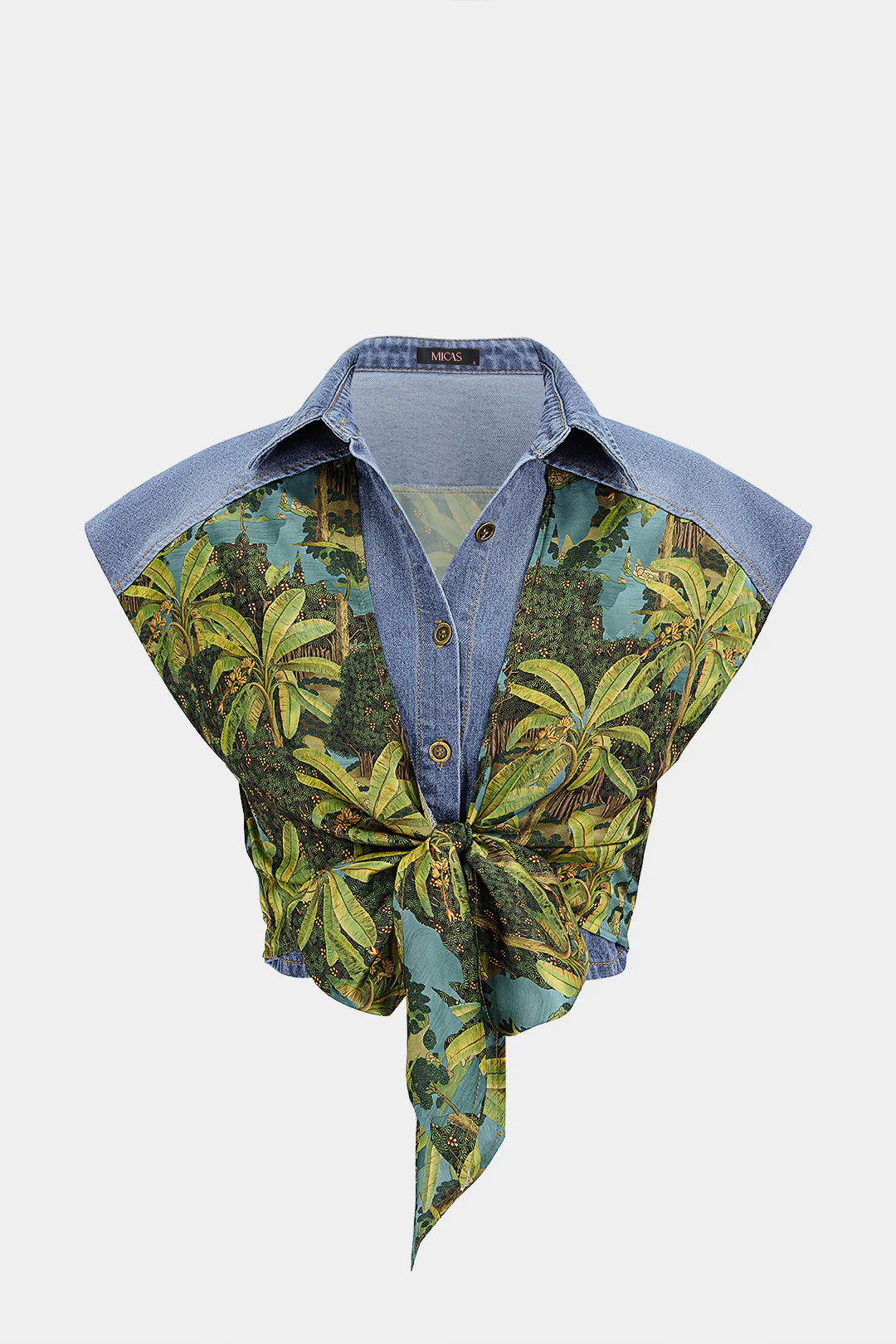 Denim Patchwork Coconut Palm Print Tie-Up Vest