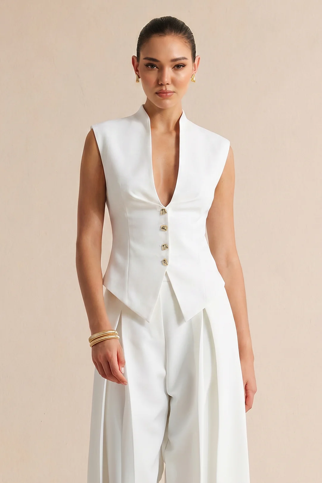 V-Neck Metallic Button Vest