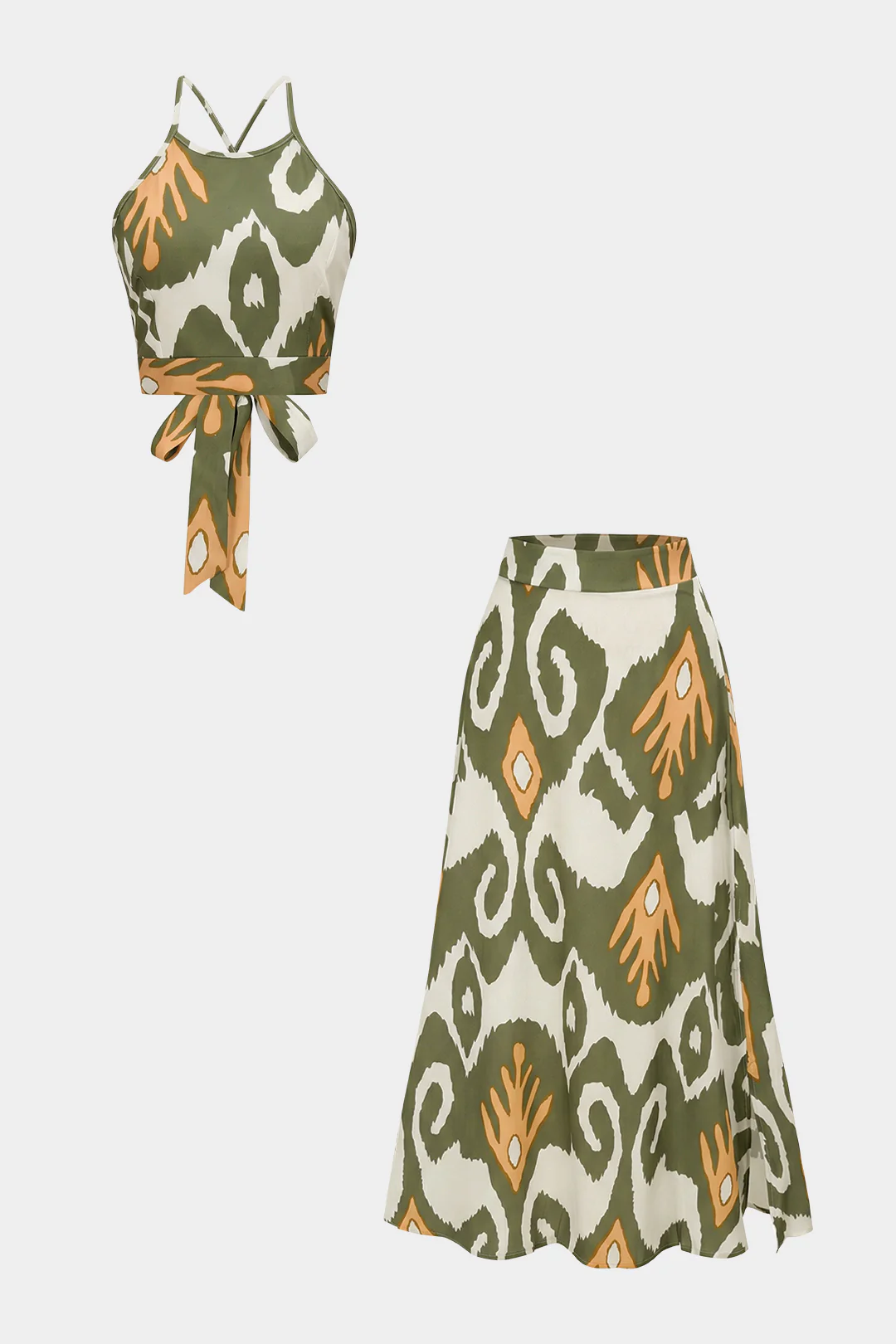 Abstract Print Satin Crossed Tie Back Cami Top And Skirt Set - Image 6