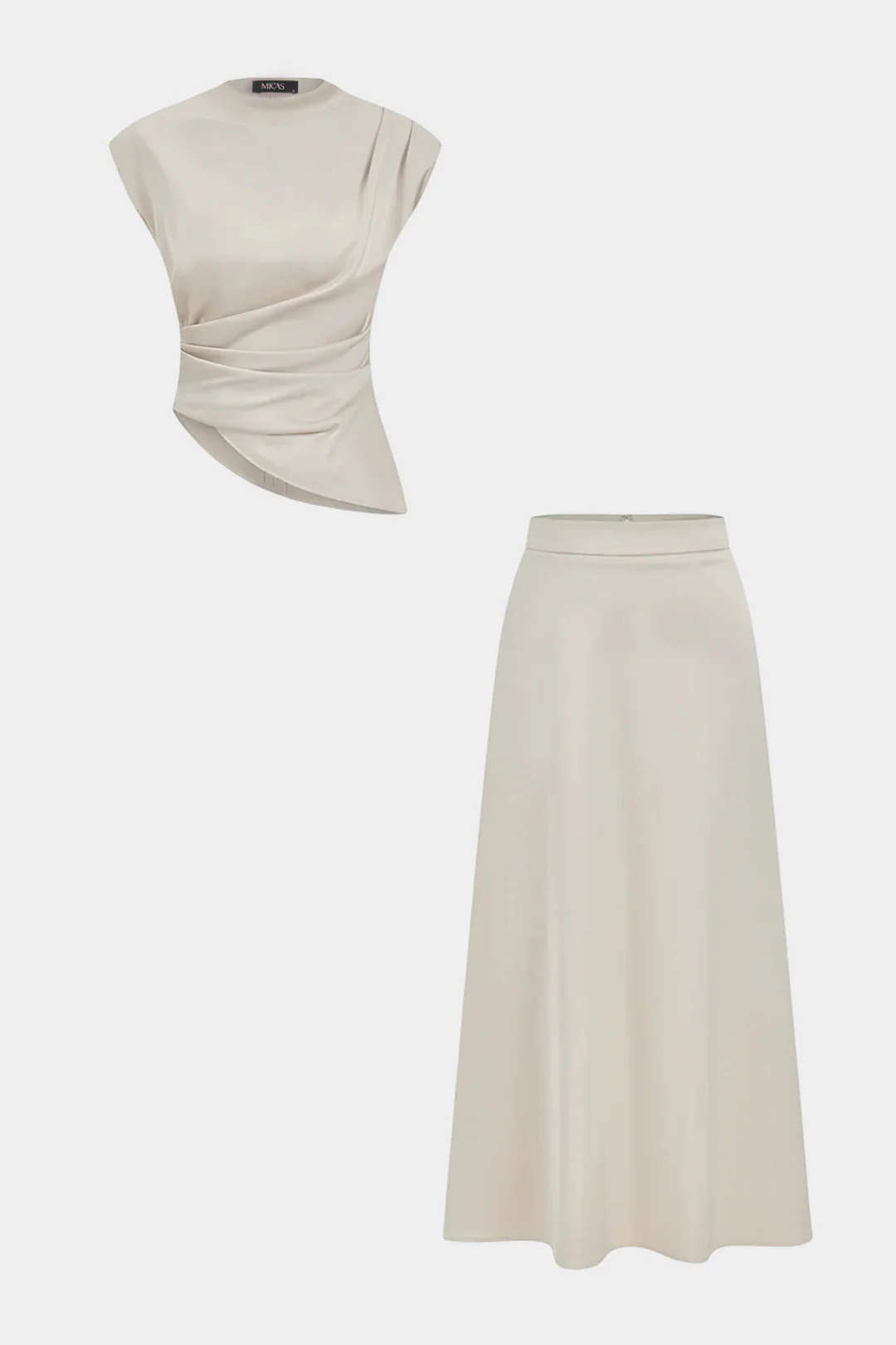 Asymmetrical Satin Draped Cap Sleeves Top And High Waist A-Line Skirt Set