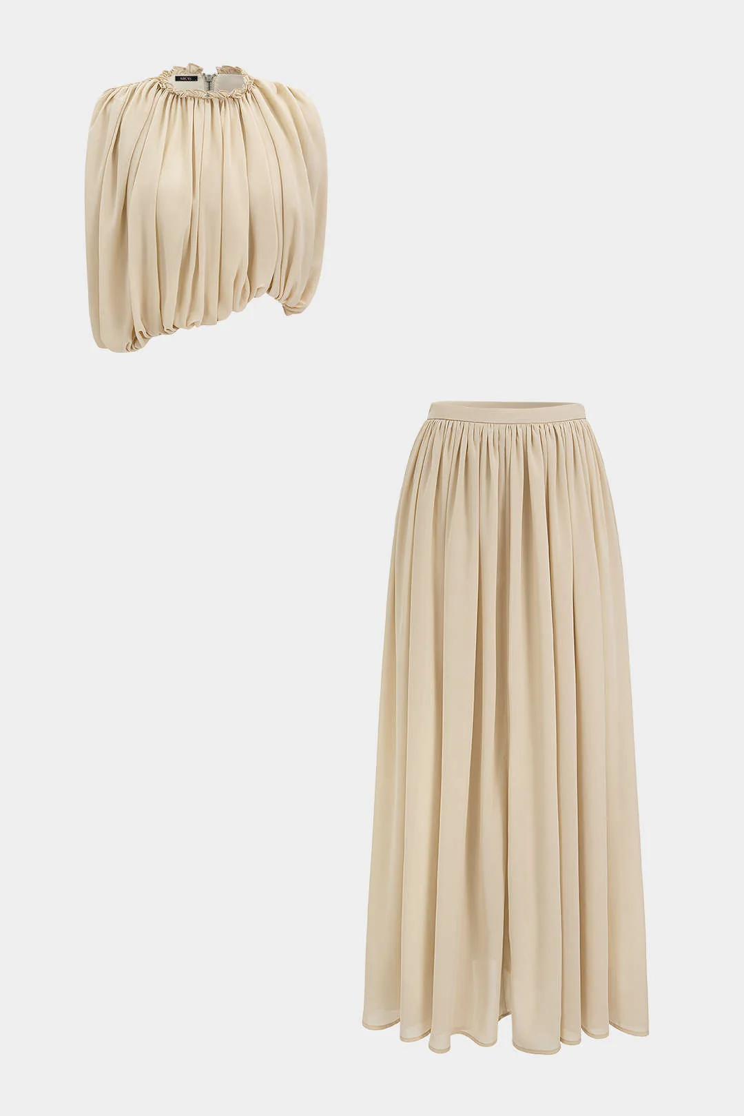 Chiffon Round Neck Ruched Tank Top And Maxi Skirt Set - Image 3