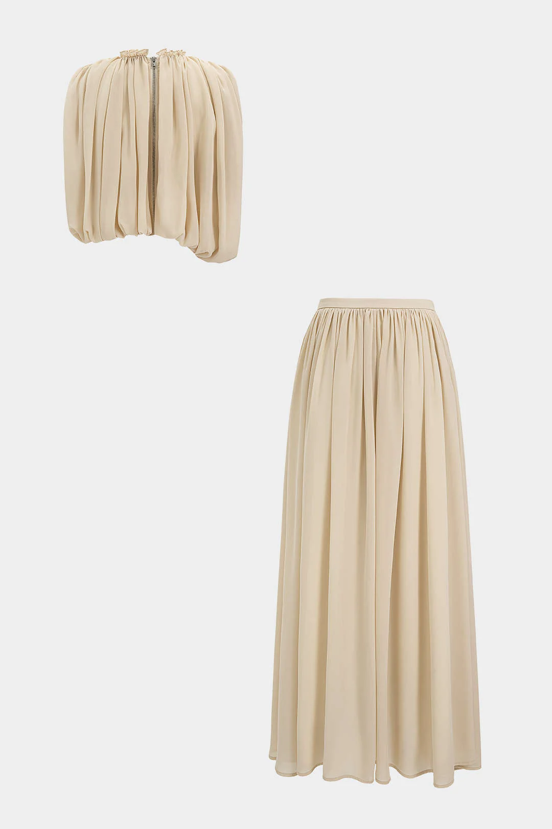 Chiffon Round Neck Ruched Tank Top And Maxi Skirt Set - Image 4