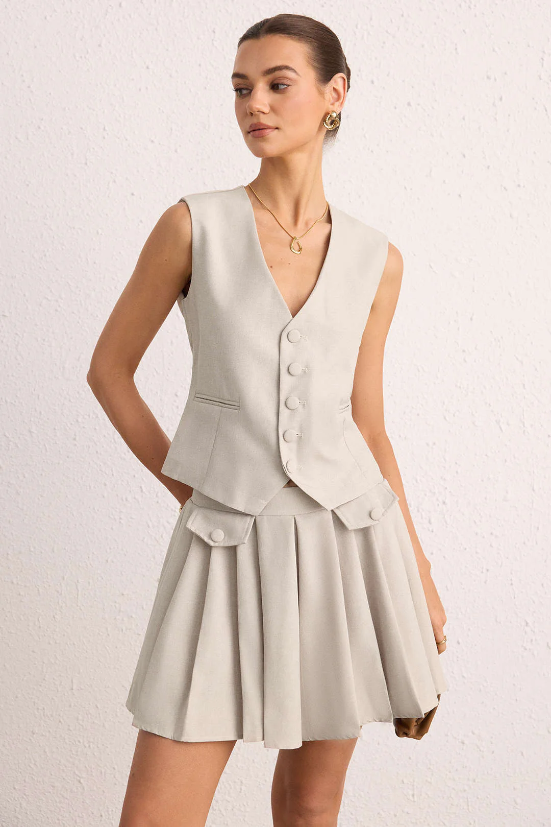 V-Neck Button Vest And Pleated Skirt Set