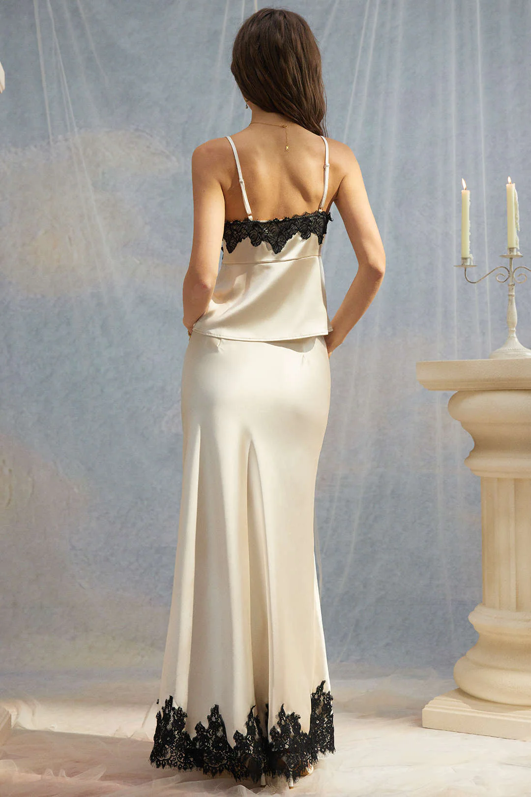 Satin Patchwork Lace Trim Cami Top And Skirt Set - Image 2