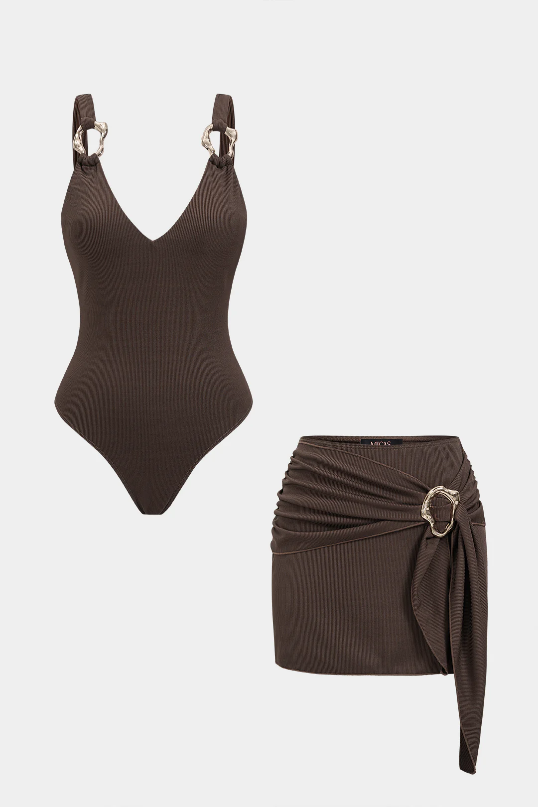 Metallic V-Neck Bodysuit And Asymmetrical Ruched Skirt Set