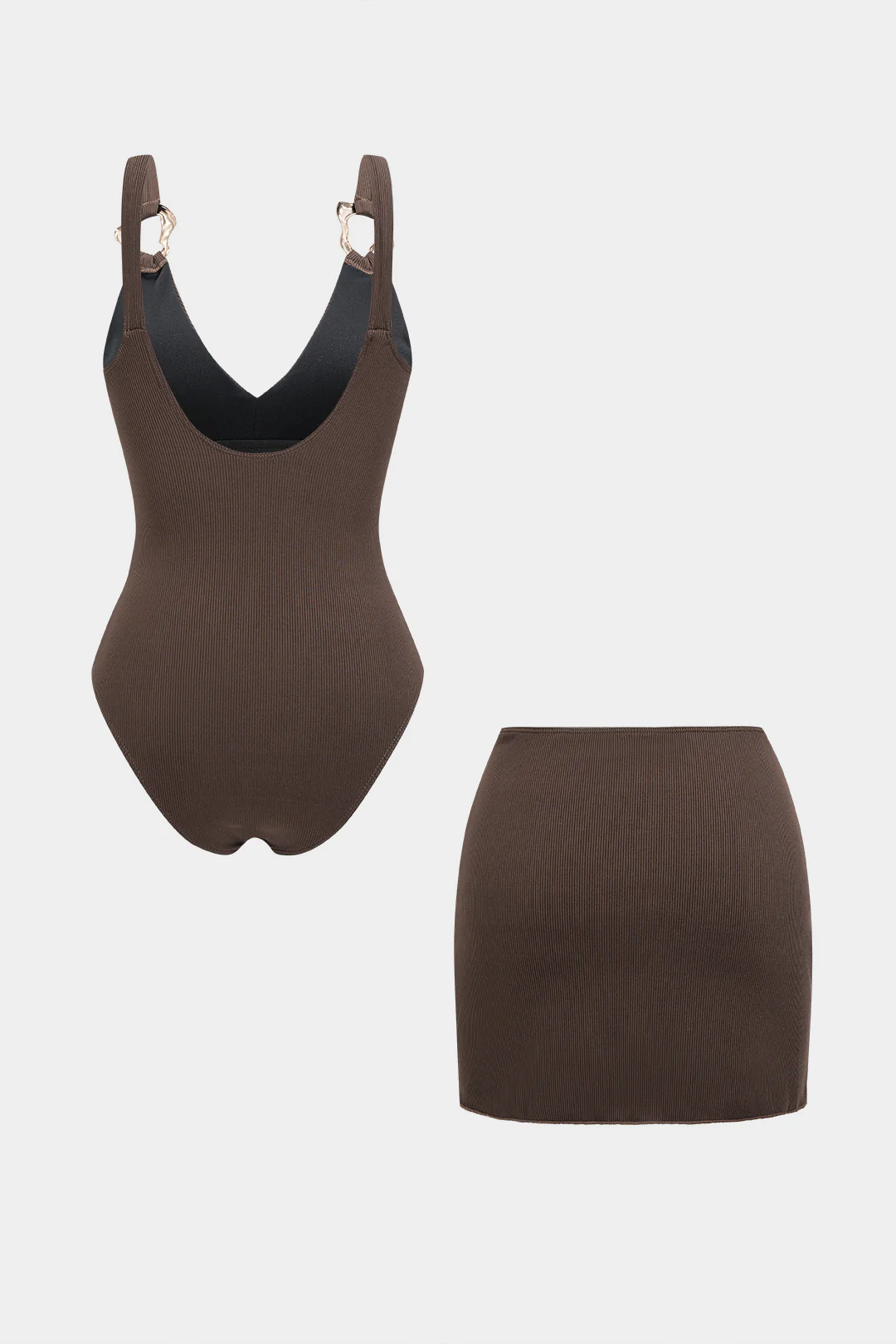 Metallic V-Neck Bodysuit And Asymmetrical Ruched Skirt Set - Image 2