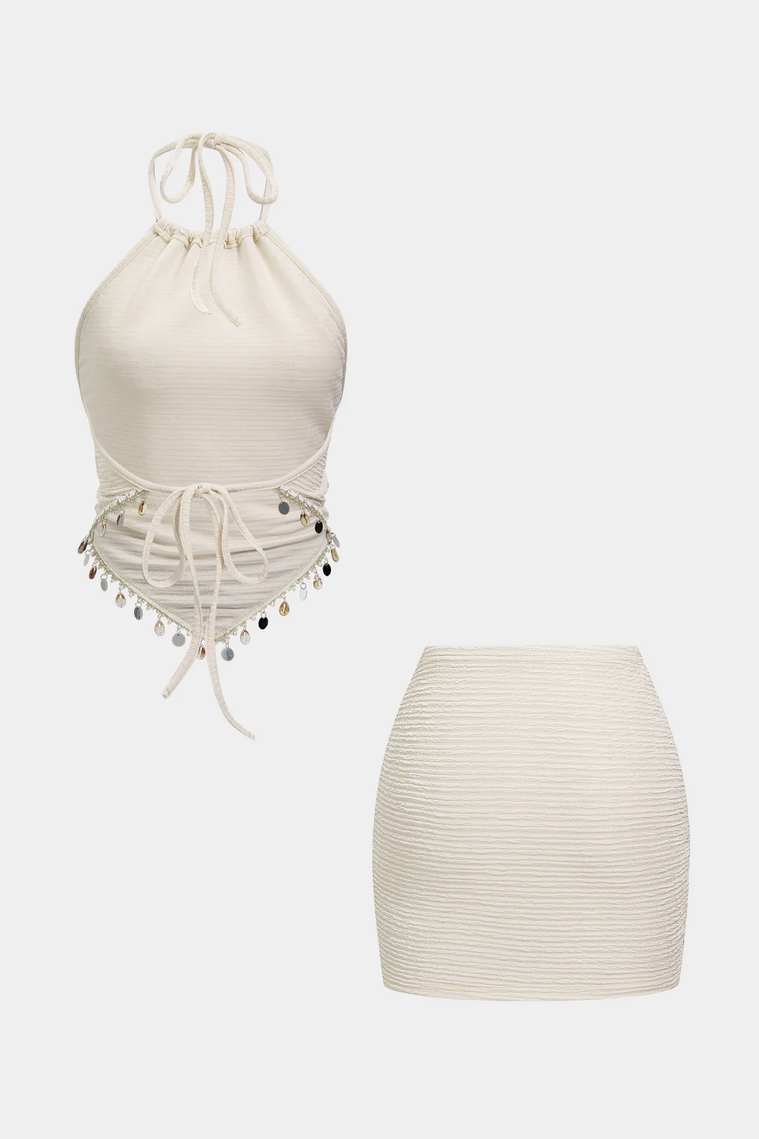 Halter Tie-Up Backless Sequin Tank Top And Asymmetrical Skirt Set - Image 2
