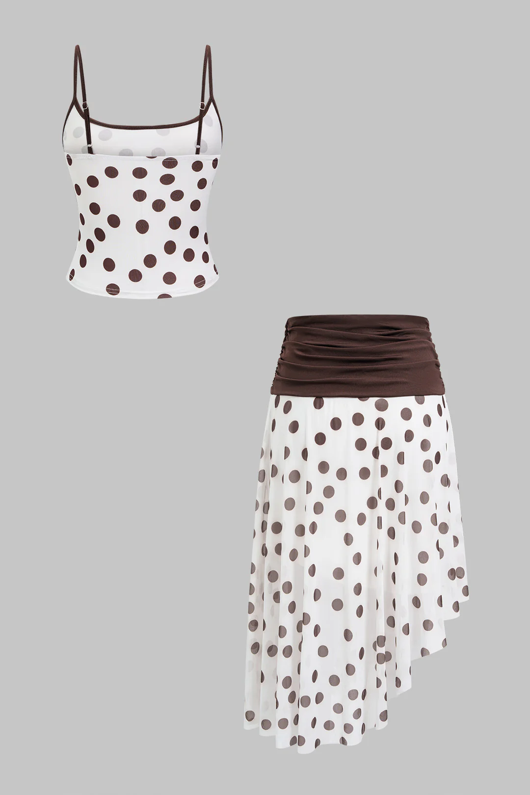 Polka Dots Contrast Print Mesh Patchwork Cami Top And Asymmetrical Hem High Waist Skirt Set - Image 2
