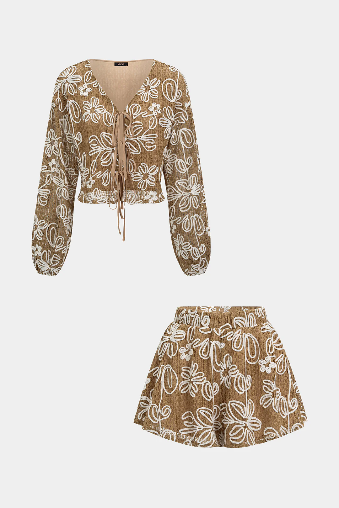 Jacquard V-Neck Tie-Up Long Sleeve Top And Shorts Set - Image 5