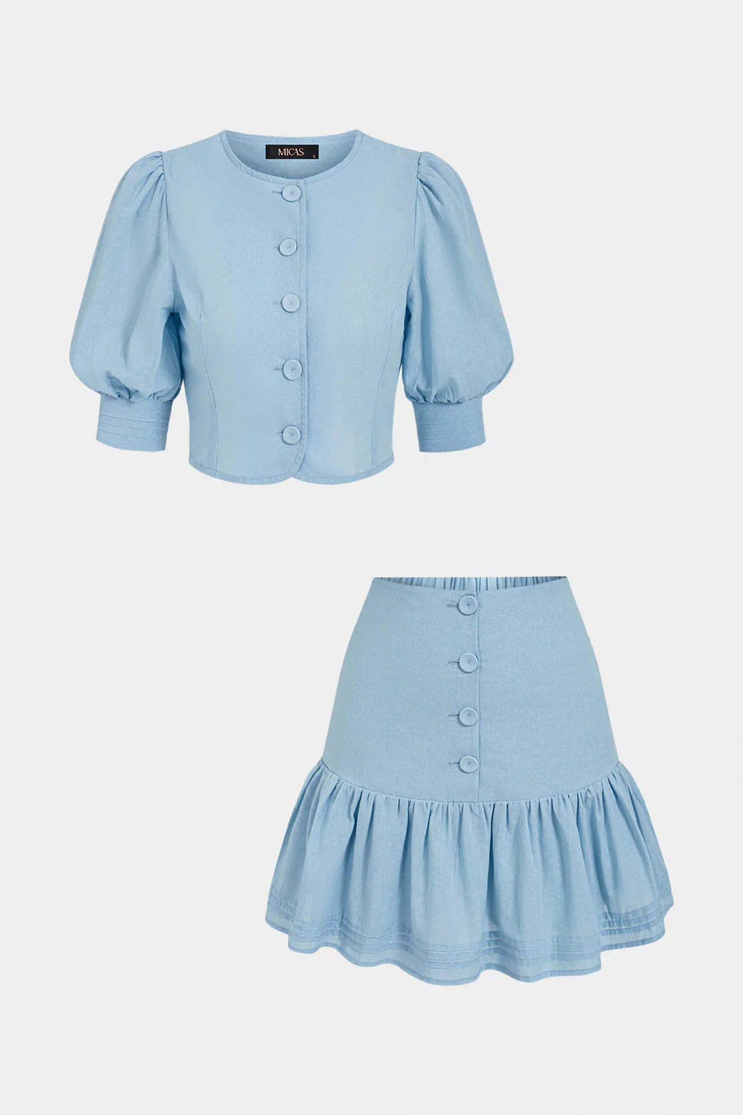 Round Neck Puff Sleeve Jacket And Ruched High Waist Skirt Set