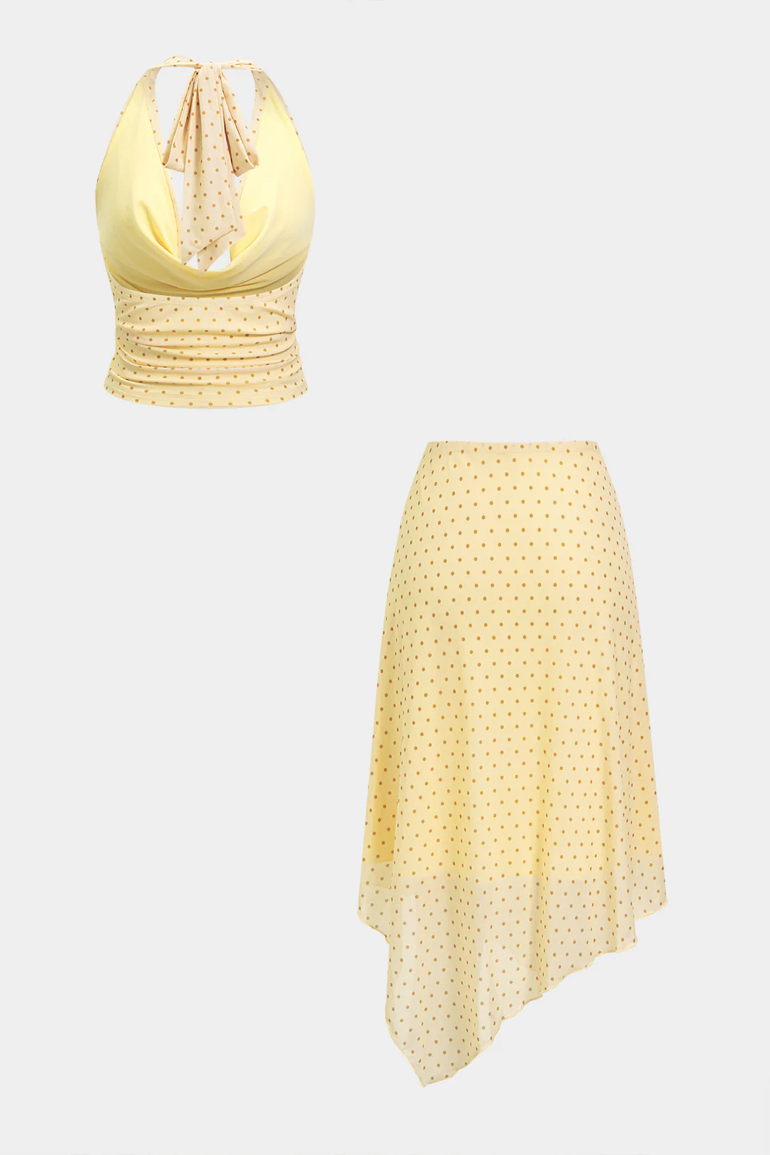 Polka Dots Print Mesh Draped Cowl Neck Backless Tie-Up Top And Irregular Hem Skirt Set - Image 3