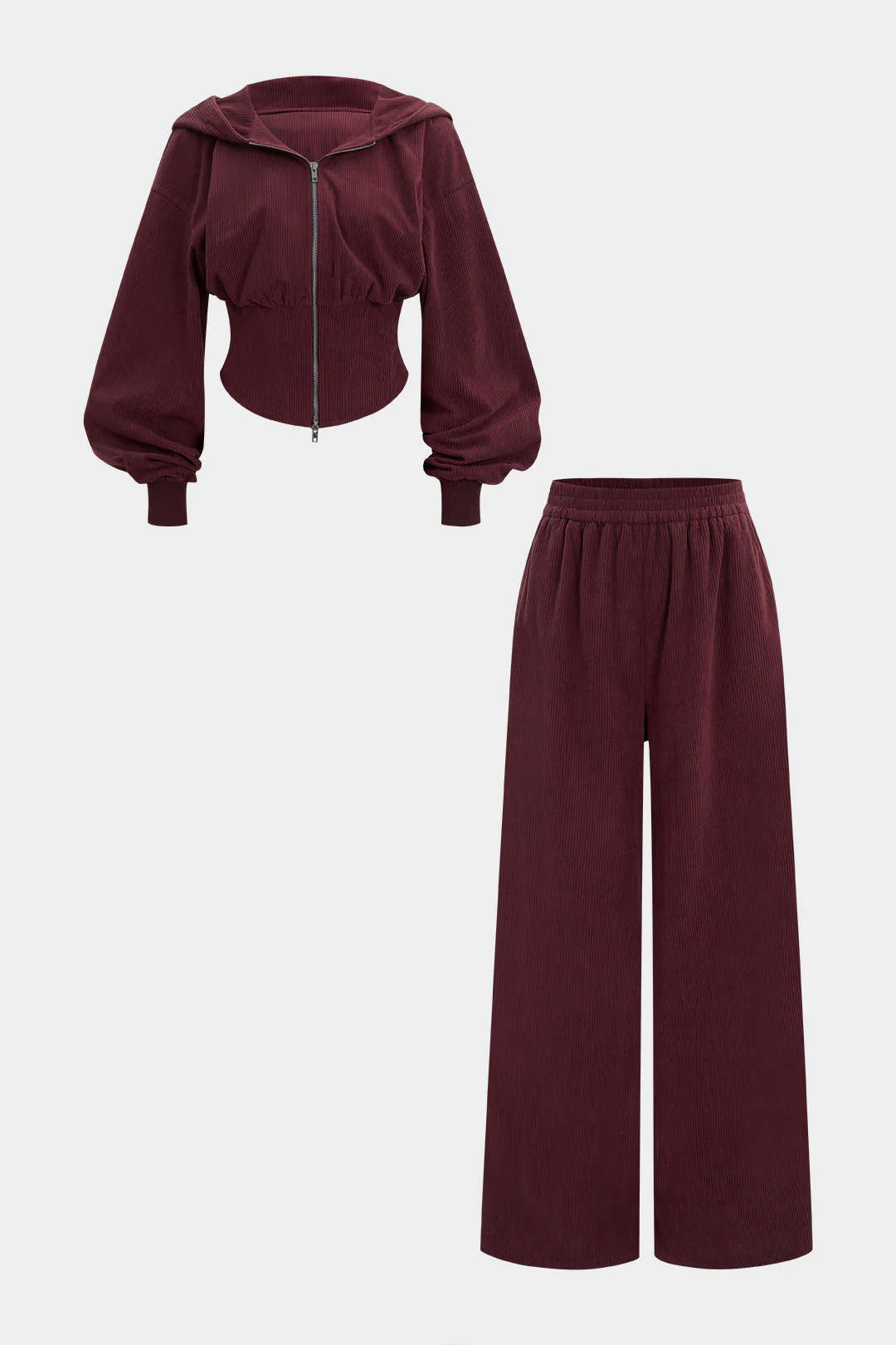 Waist-Cinching Zipper Hoodie And Shirred Waistband Pants Set - Image 5