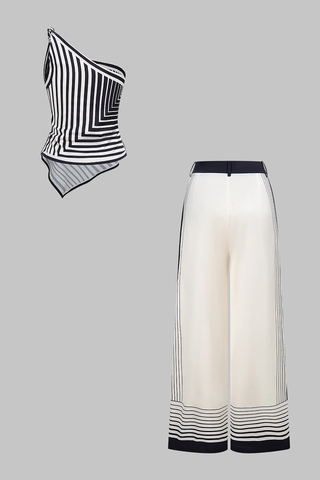 Stripe Contrast Print Satin One Shoulder Twist Knot Top And High Waist Wide Leg Pants Set - Image 3
