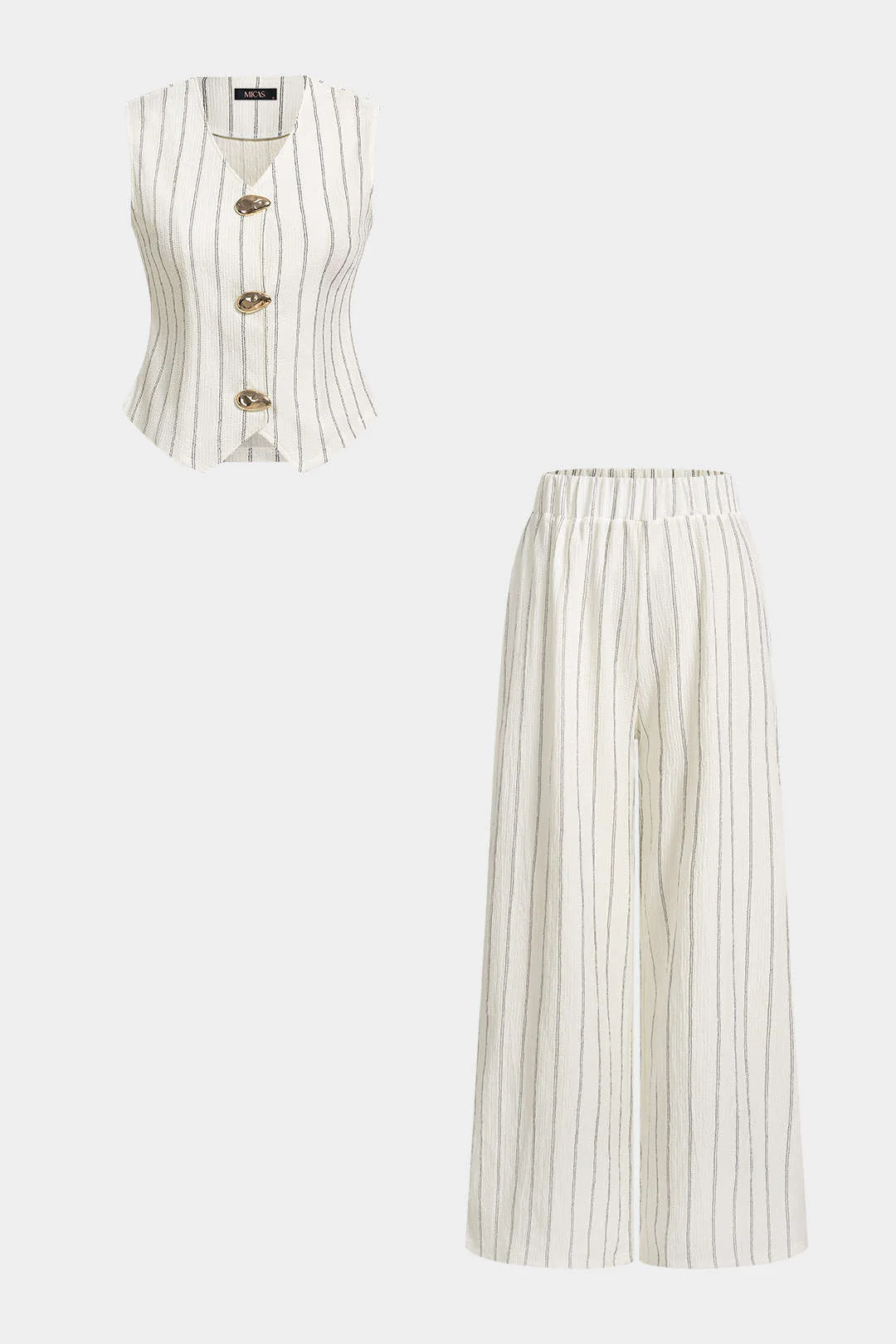 Stripes Print V-Neck Button Vest And Straight Leg Pants Set - Image 2