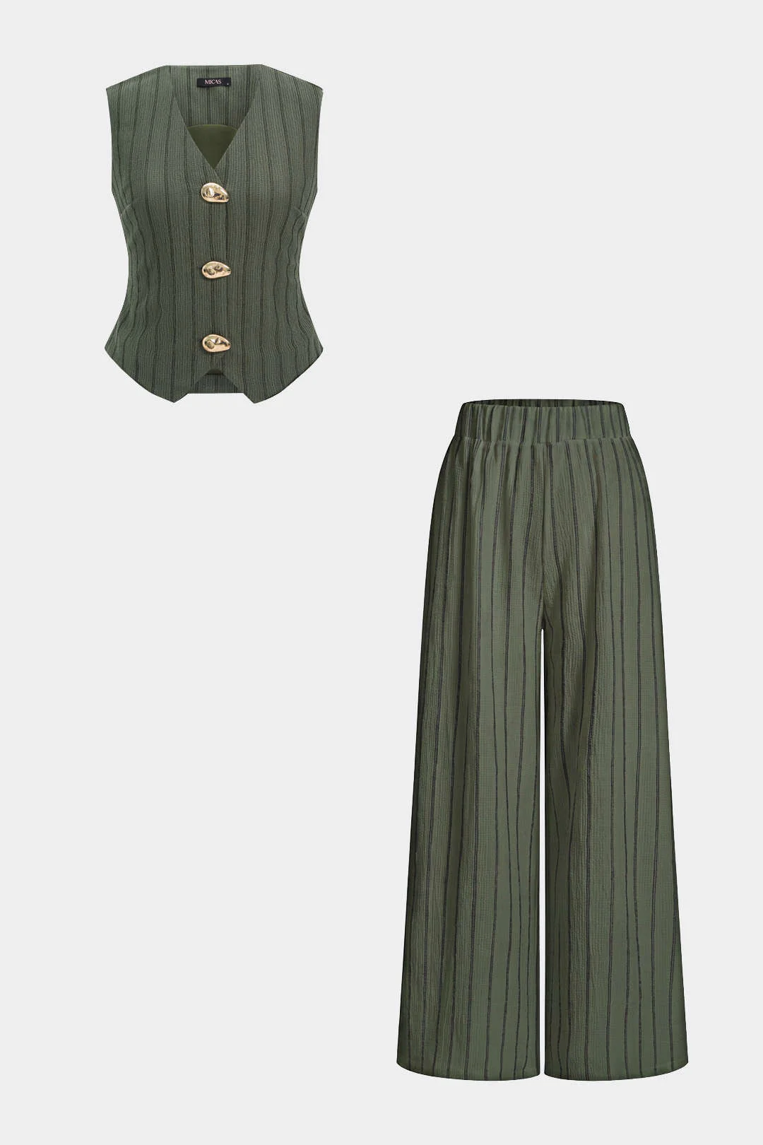 Stripes Print V-Neck Button Vest And Straight Leg Pants Set - Image 7