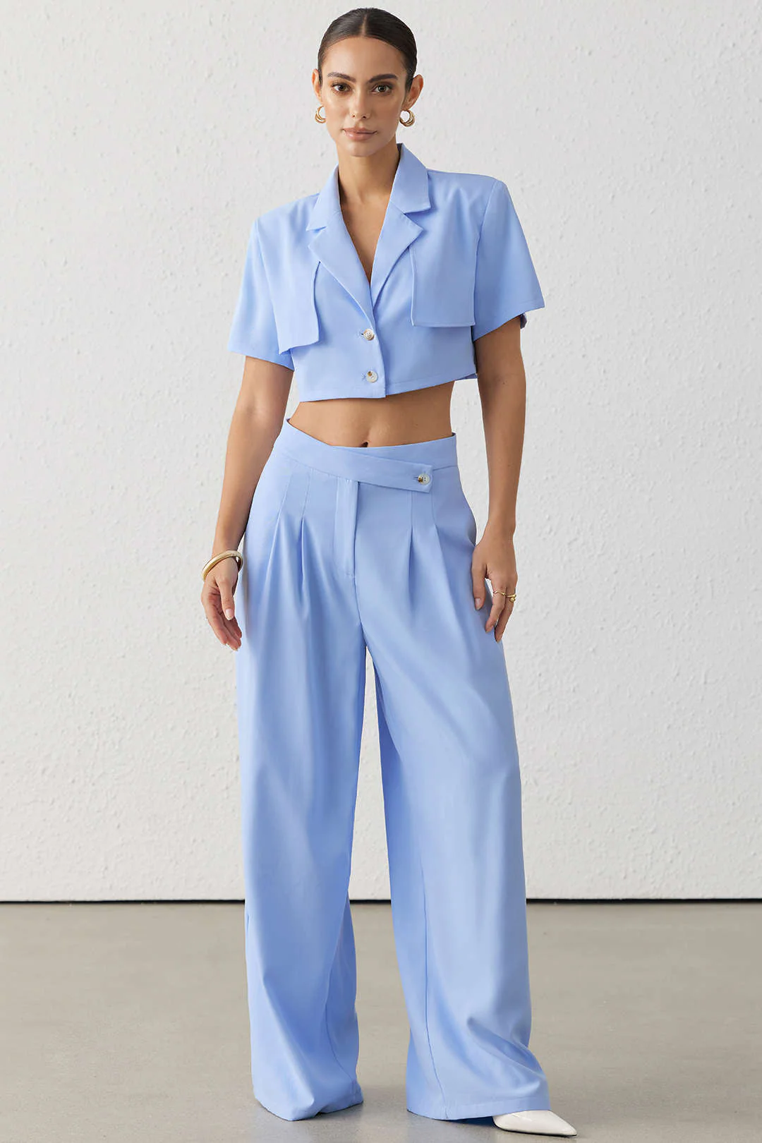 Notched Lapel Short Sleeve Top And Asymmetrical Wide-Leg Pants Set - Image 7