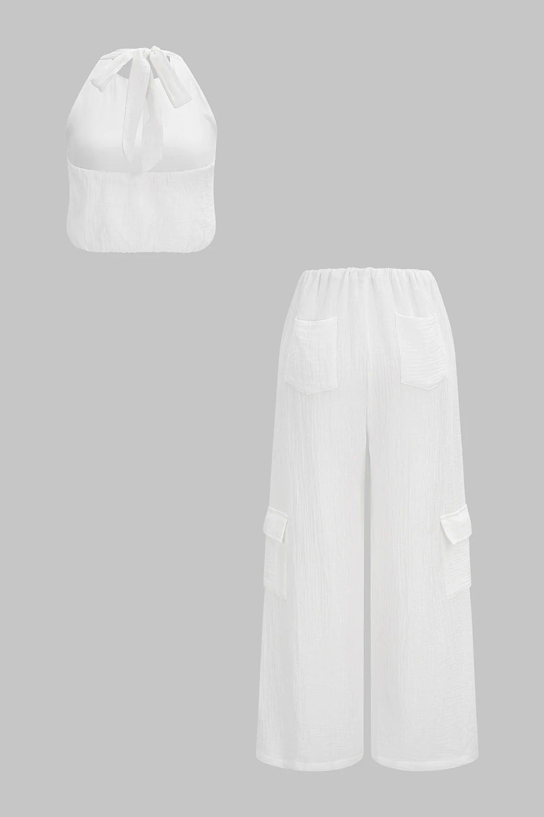 Round Neck Backless Tank Top And Drawstring Pocket Wide Leg Pants Set - Image 2