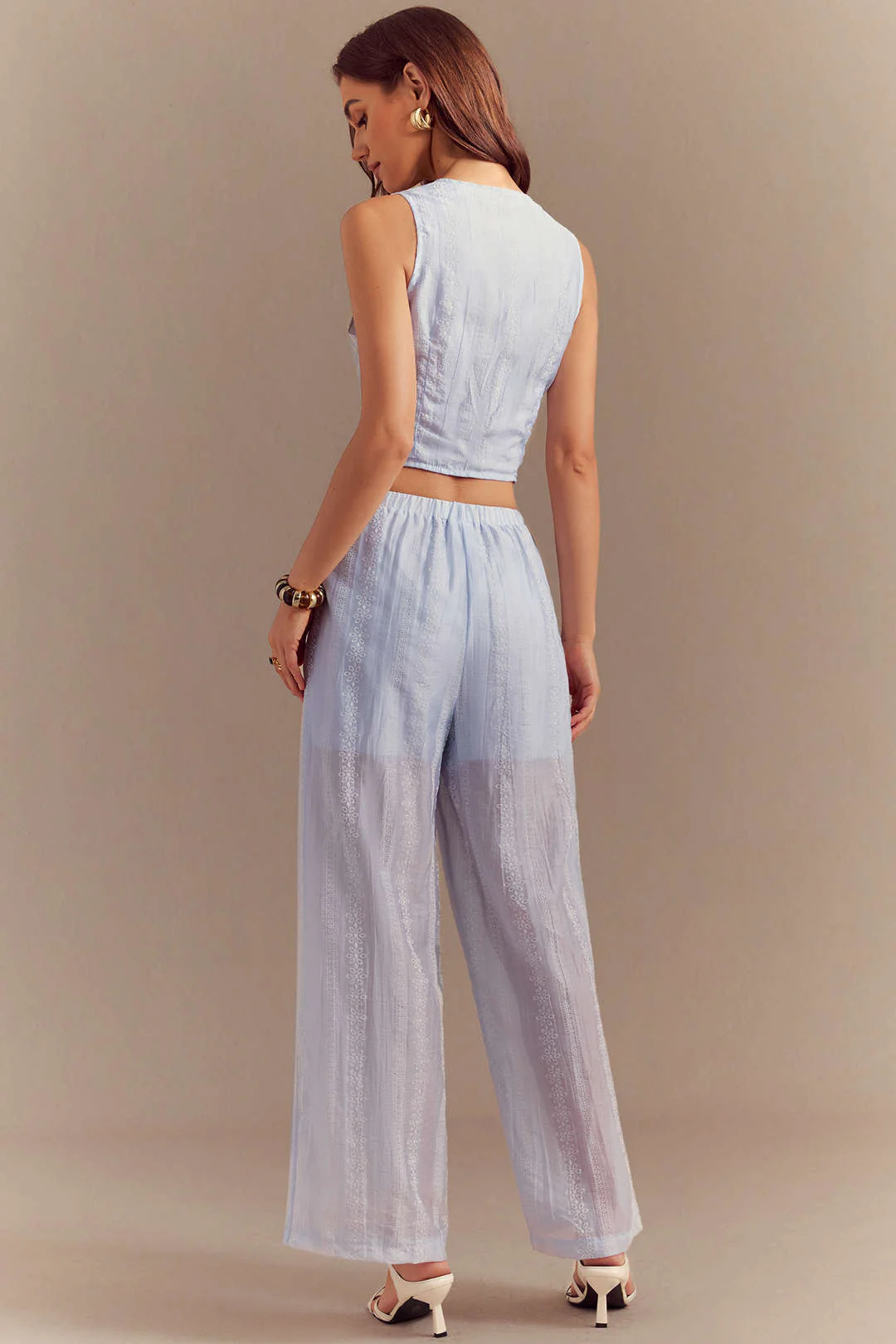 Floral Textured V-Neck Tie-Up Vest And Straight Leg Pants Set - Image 5
