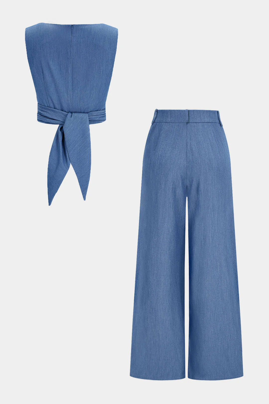Linen Round Neck Back Crossed Tank Top And Button Wide Leg Pants Set - Image 2