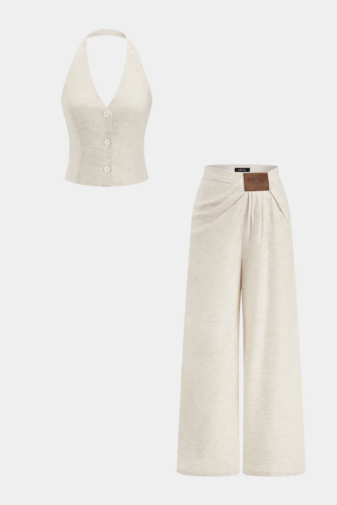 Linen Halter Neck Button Tank Top And Asymmetrical Ruched WIde Leg Pants Set