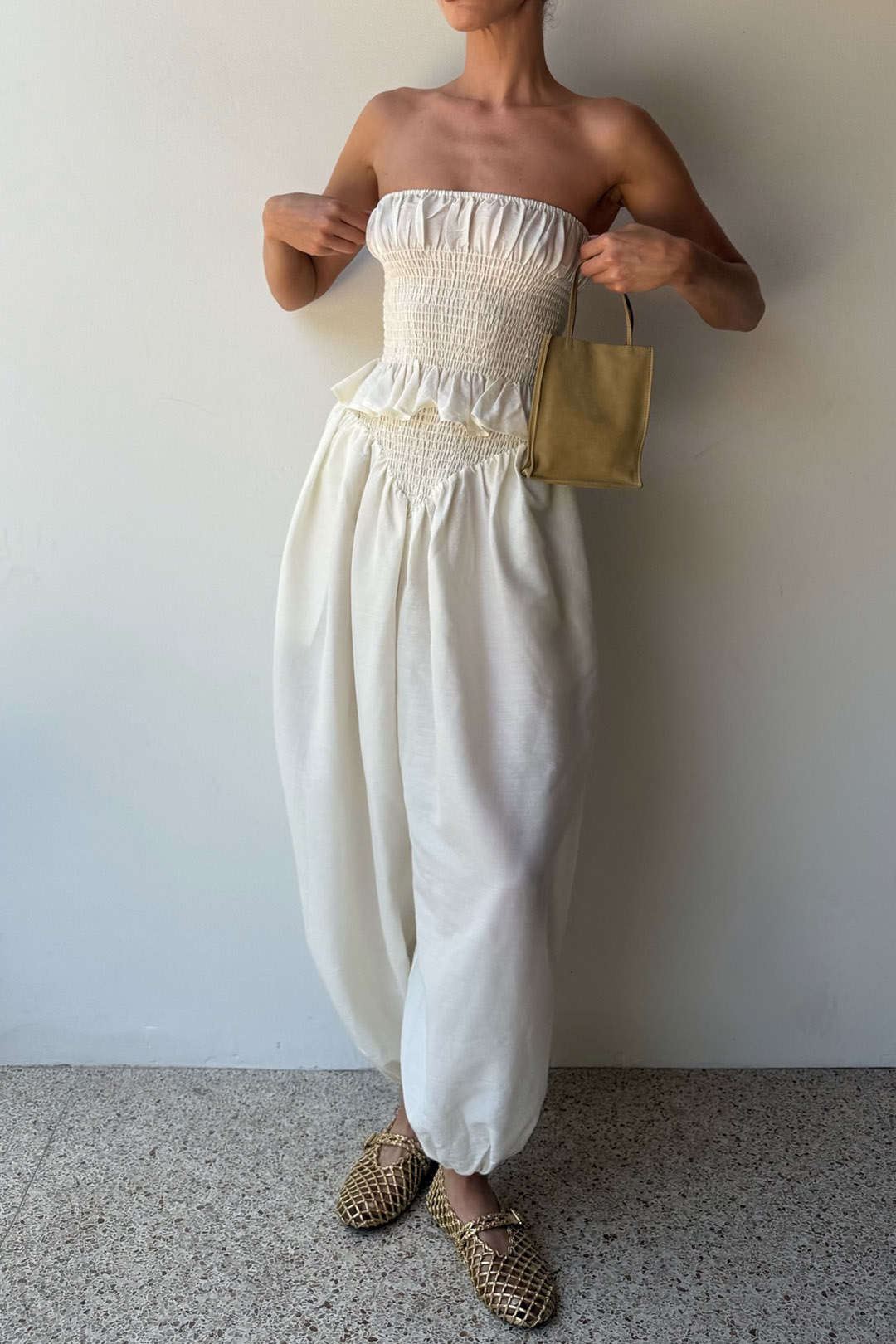 Shirred Ruffle Tube Top And Wide Leg Ballon Pants Set