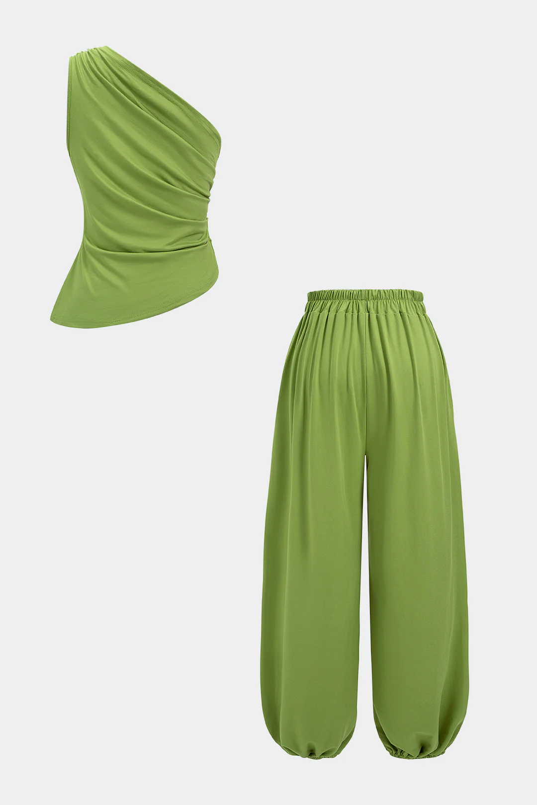 Solid One Shouler Ruched Tank Top And High Waist Wide-Leg Pants Set - Image 2