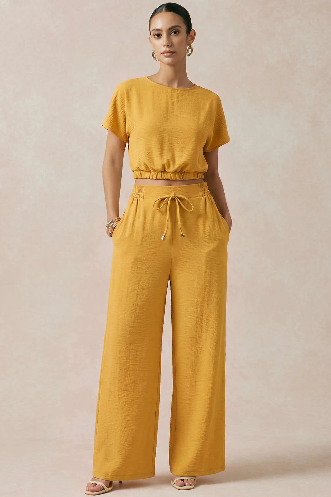 Solid Round Neck T-Shirt And High Waist Straight Leg Pants Set