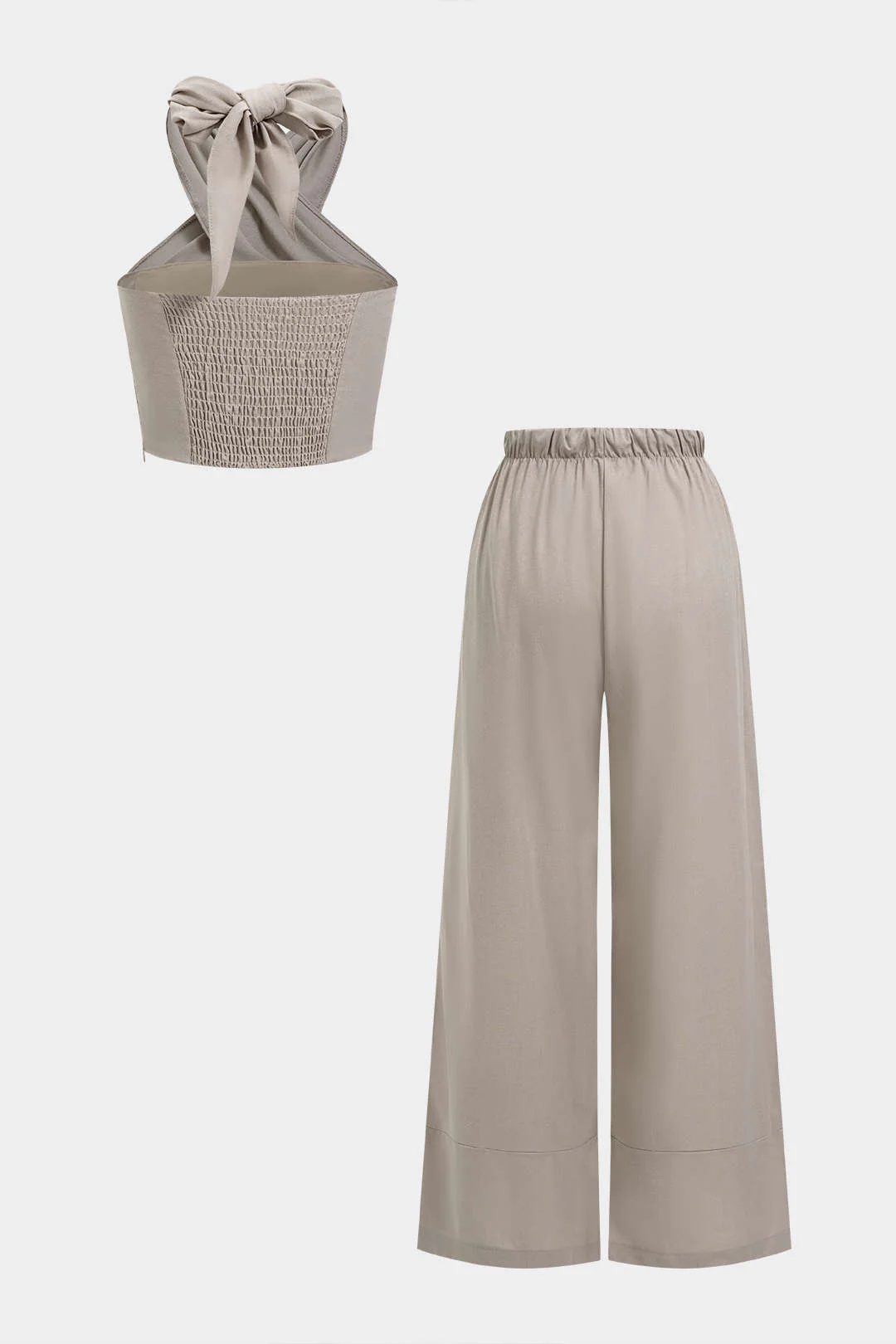 Crossed Halter Neck Ruched Tie-Up Top And Straight Leg Pants Set - Image 7