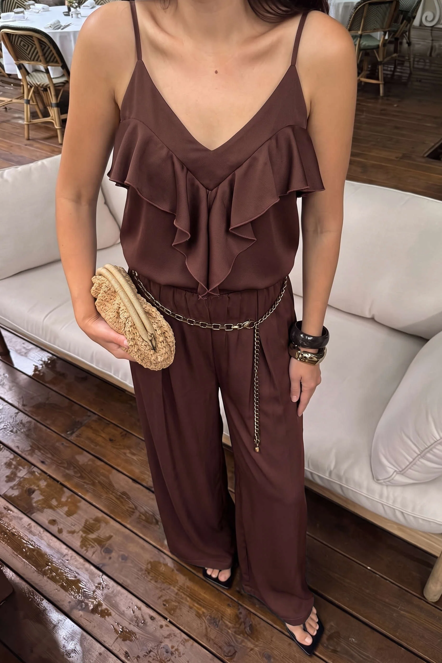 V-Neck Ruffle Cami Top And Wide Leg Pants Set