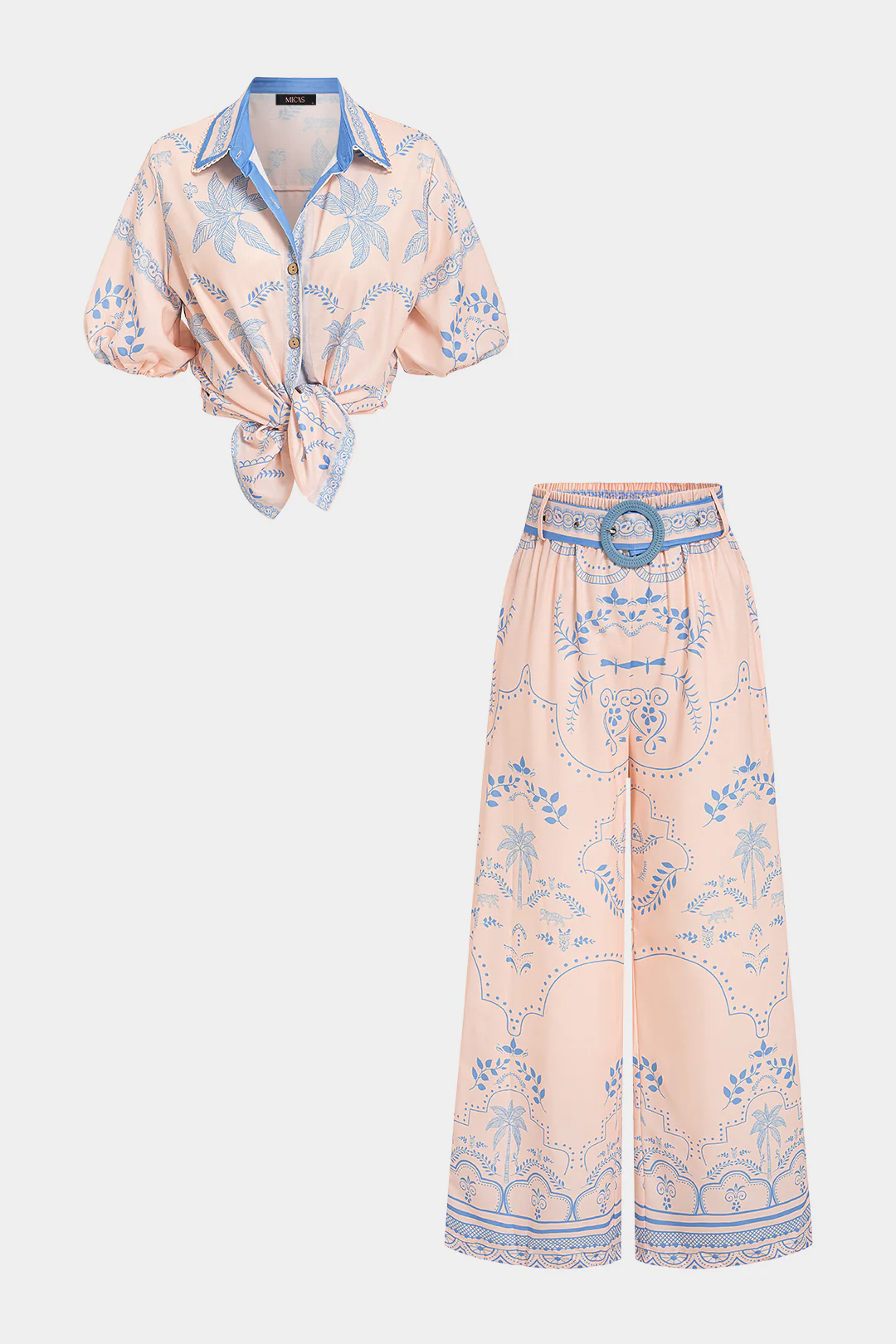 Hawaiian Pattern Leaves Print Linen Short Sleeve Top And Belted Pants Set