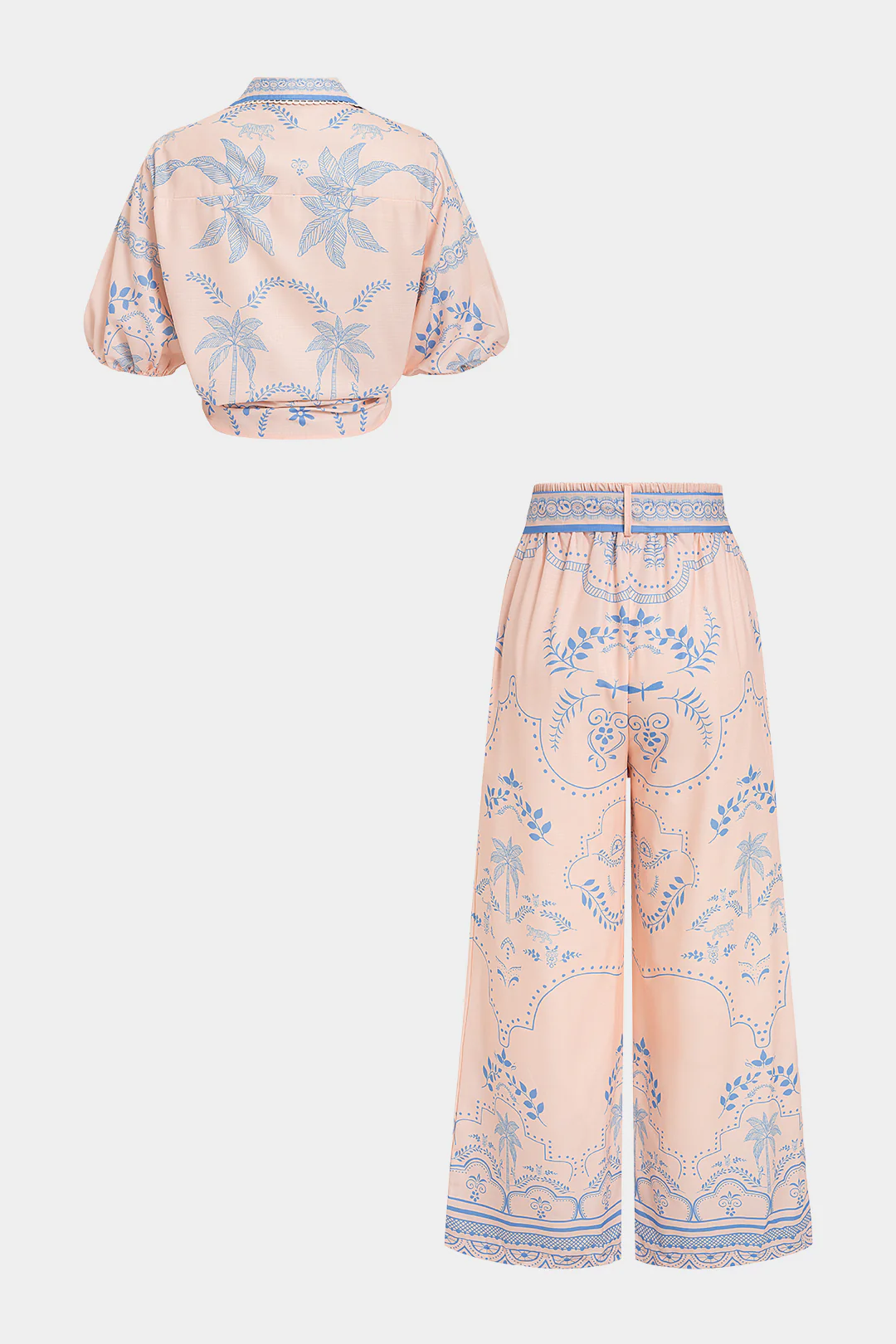 Hawaiian Pattern Leaves Print Linen Short Sleeve Top And Belted Pants Set - Image 3