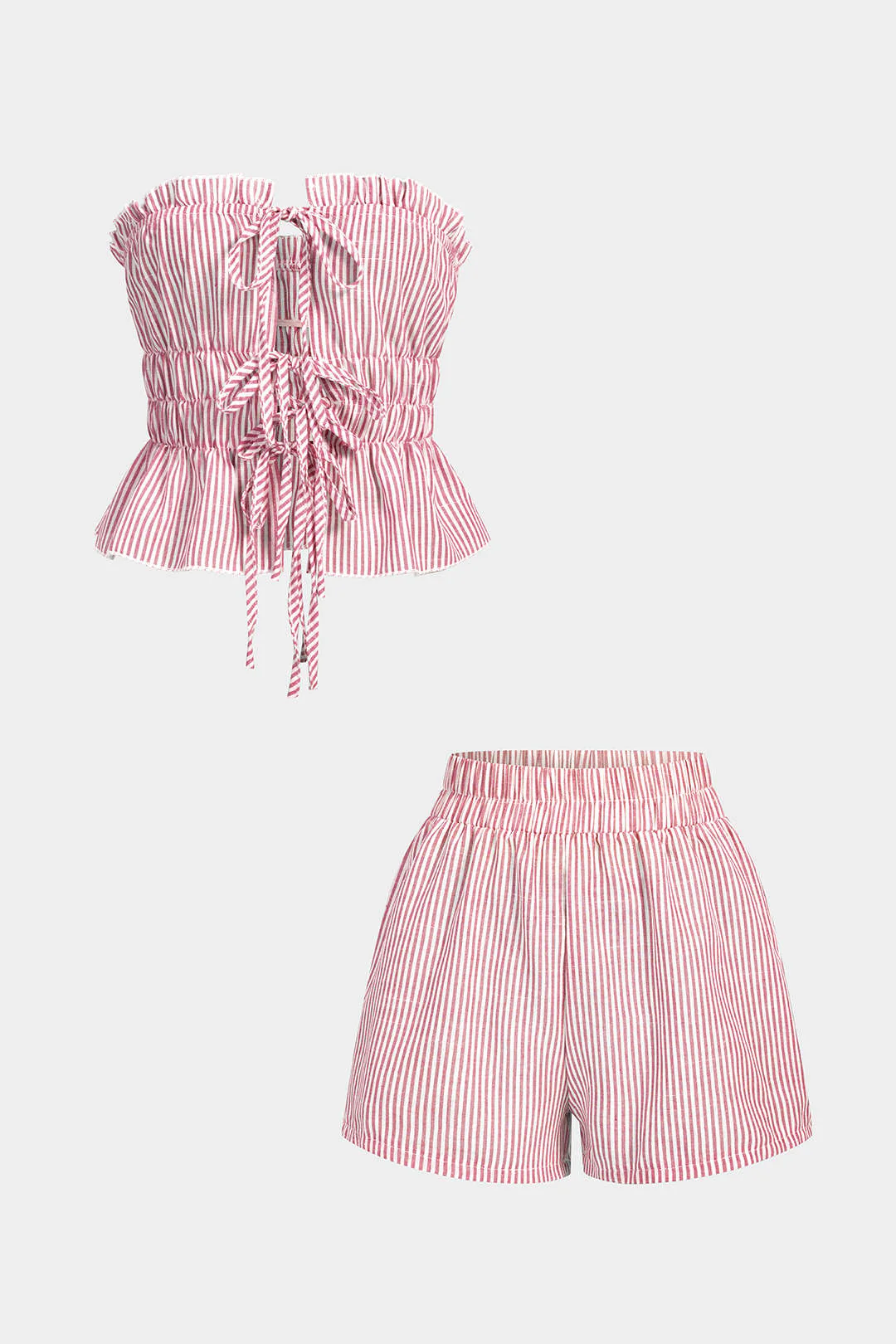 Stripes Print Ruffle Tie-Up Tube Top And Shirred Waistband Shorts Set - Image 8